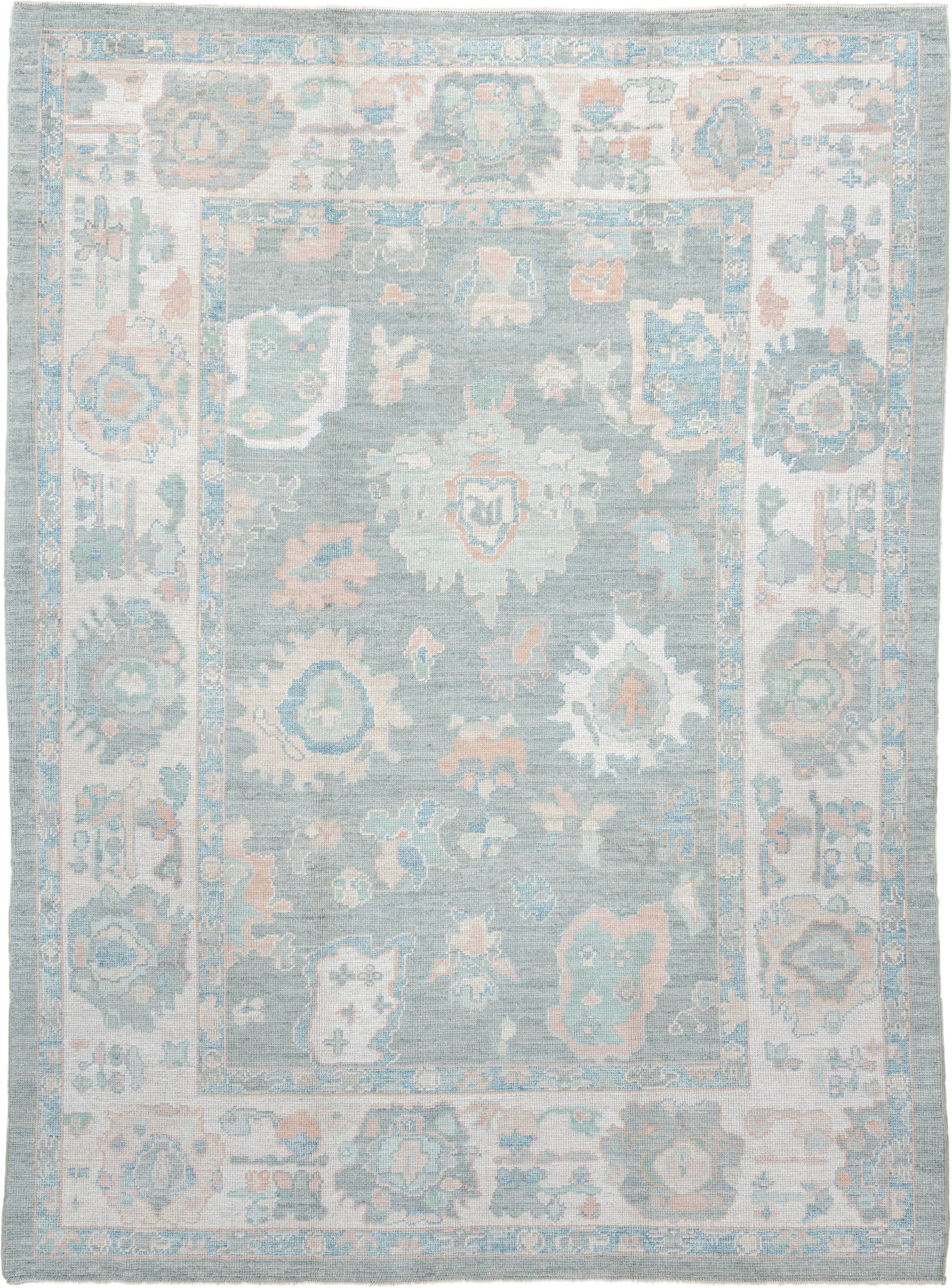 7' x 10' one-of-a-kind handmade vintage Oushak large size rug. Color palette: pale blue, ivory, sage, blush, taupe