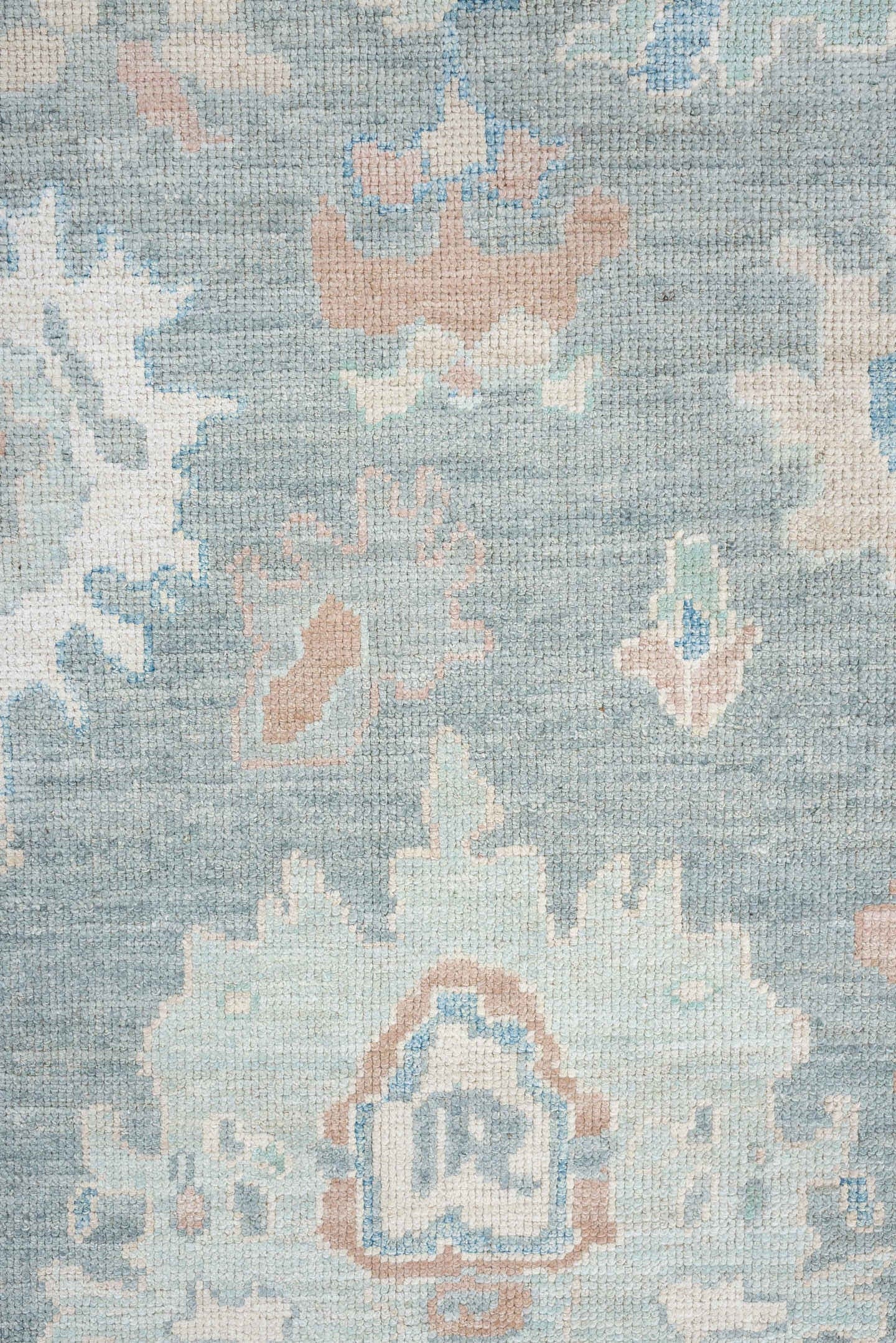7' x 10' one-of-a-kind handmade vintage Oushak large size rug. Color palette: pale blue, ivory, sage, blush, taupe