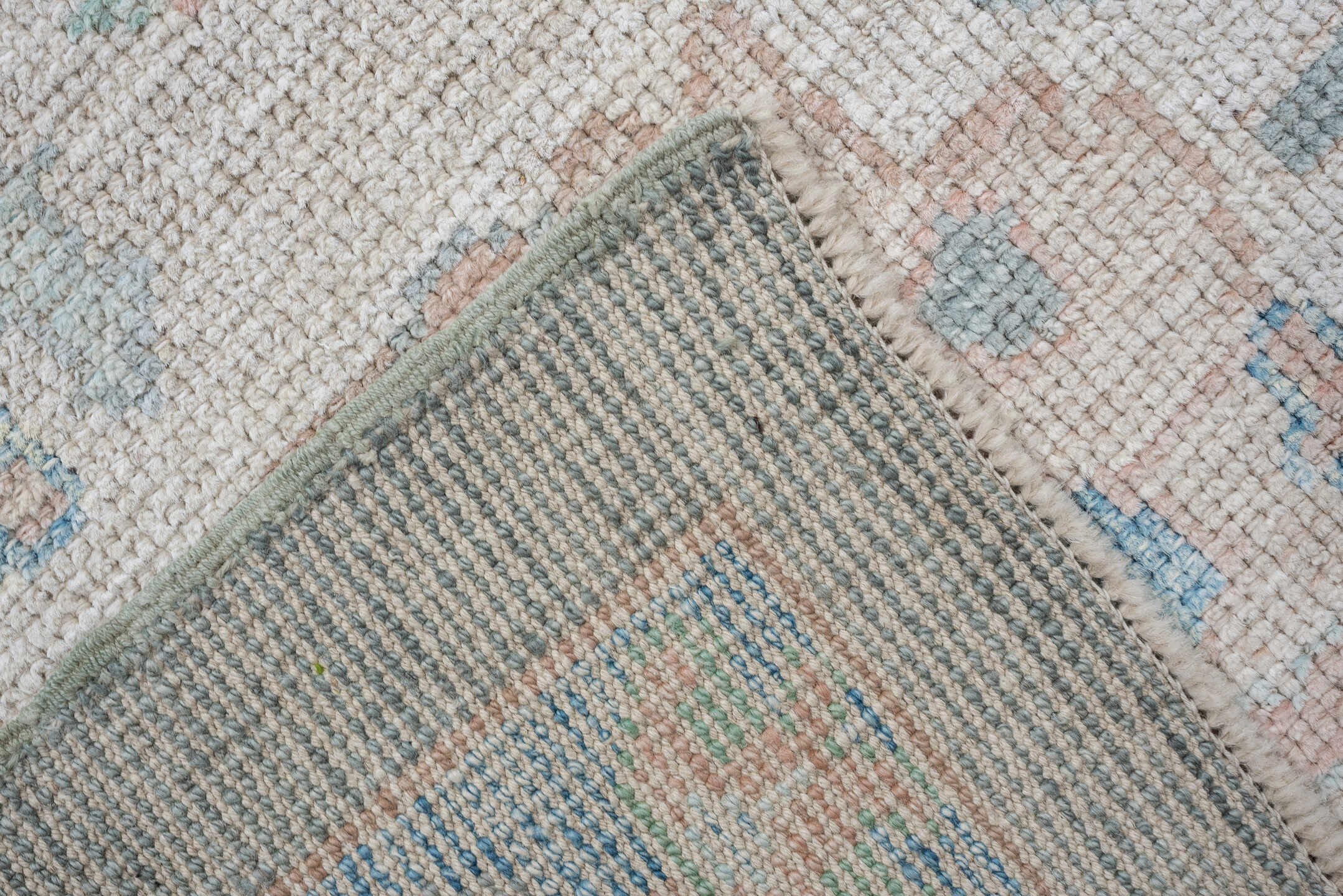 7' x 10' one-of-a-kind handmade vintage Oushak large size rug. Color palette: pale blue, ivory, sage, blush, taupe