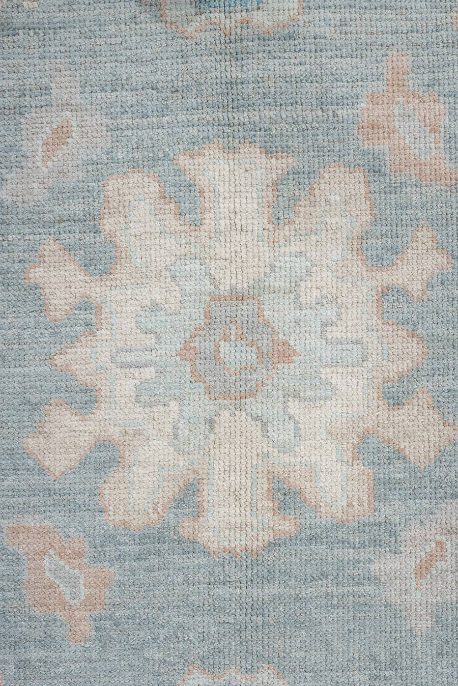 8' x 10' one-of-a-kind handmade vintage Oushak large size rug. Color palette: sky blue, ivory, blush, pale aqua, taupe