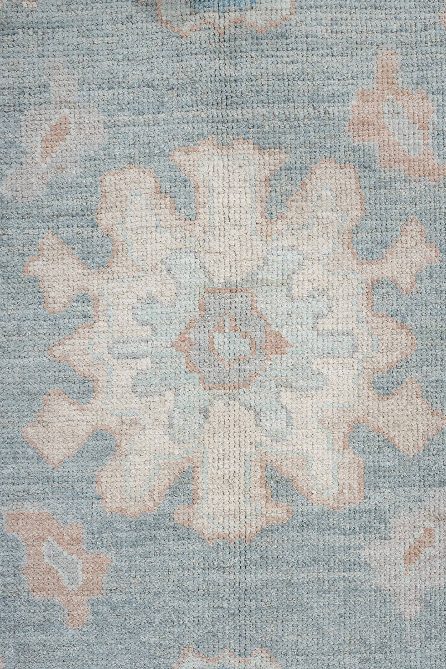 8' x 10' one-of-a-kind handmade vintage Oushak large size rug. Color palette: sky blue, ivory, blush, pale aqua, taupe