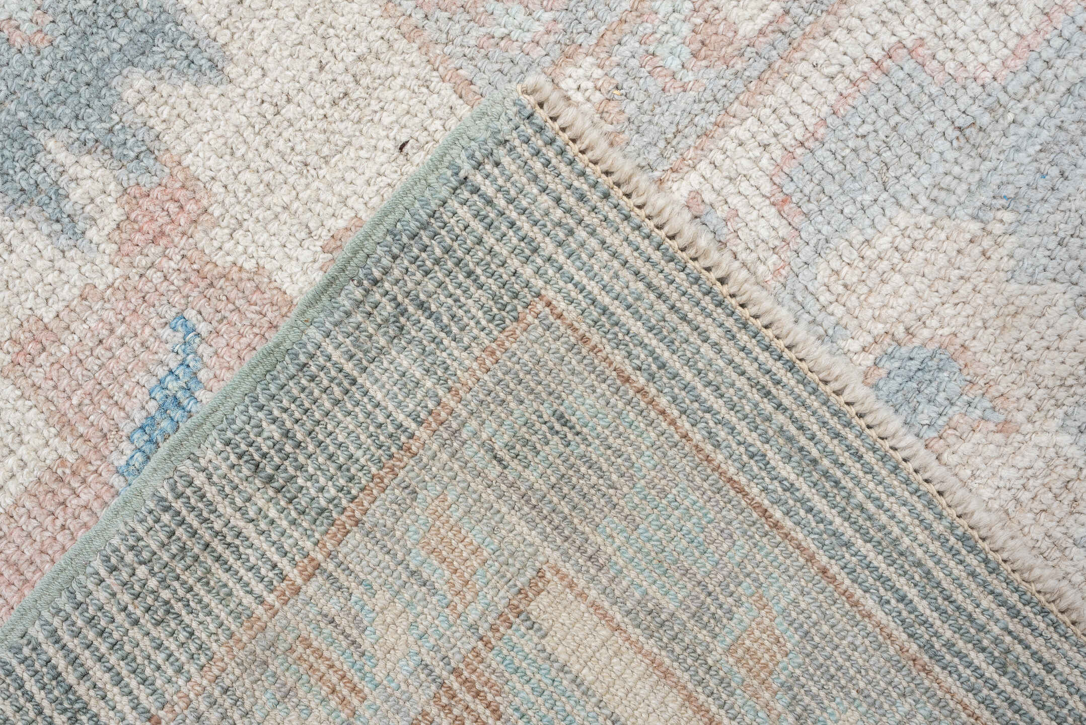 8' x 10' one-of-a-kind handmade vintage Oushak large size rug. Color palette: sky blue, ivory, blush, pale aqua, taupe