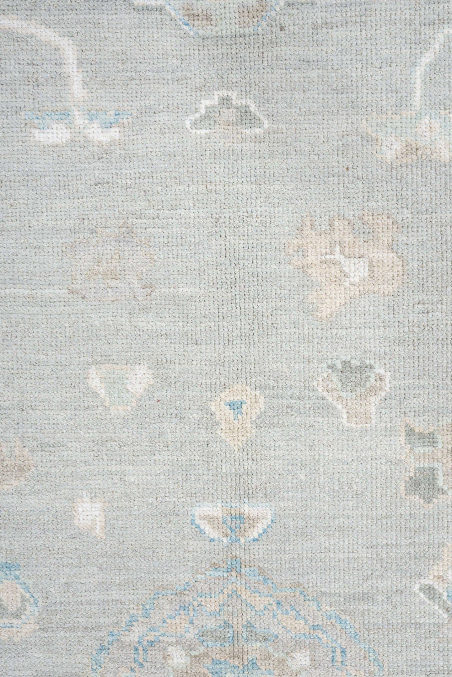 8' x 10' one-of-a-kind handmade vintage Oushak large size rug. Color palette: pale blue, ivory, taupe, sky blue, beige, gray