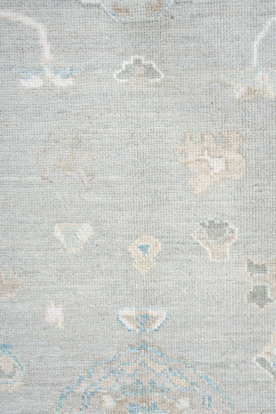 8' x 10' one-of-a-kind handmade vintage Oushak large size rug. Color palette: pale blue, ivory, taupe, sky blue, beige, gray