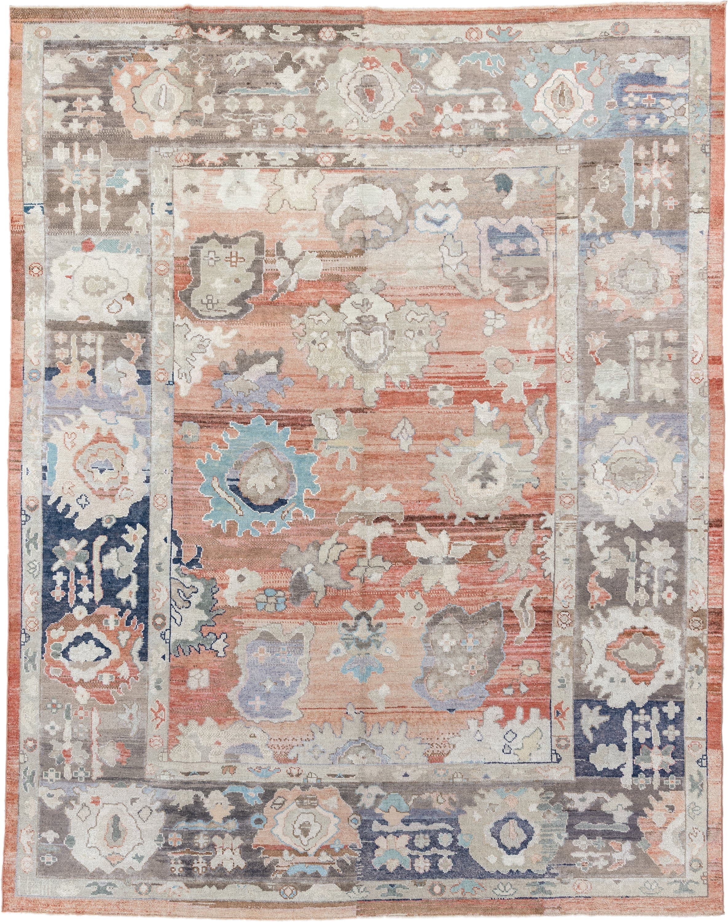9' x 11' one-of-a-kind handmade vintage Oushak large size rug. Color palette: terracotta, taupe, ivory, cream, powder blue