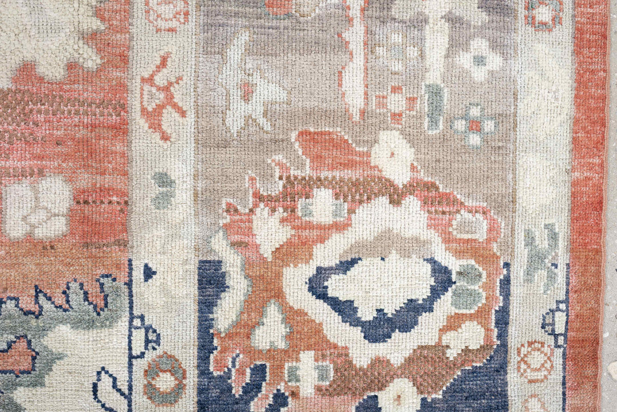 9' x 11' one-of-a-kind handmade vintage Oushak large size rug. Color palette: terracotta, taupe, ivory, cream, powder blue