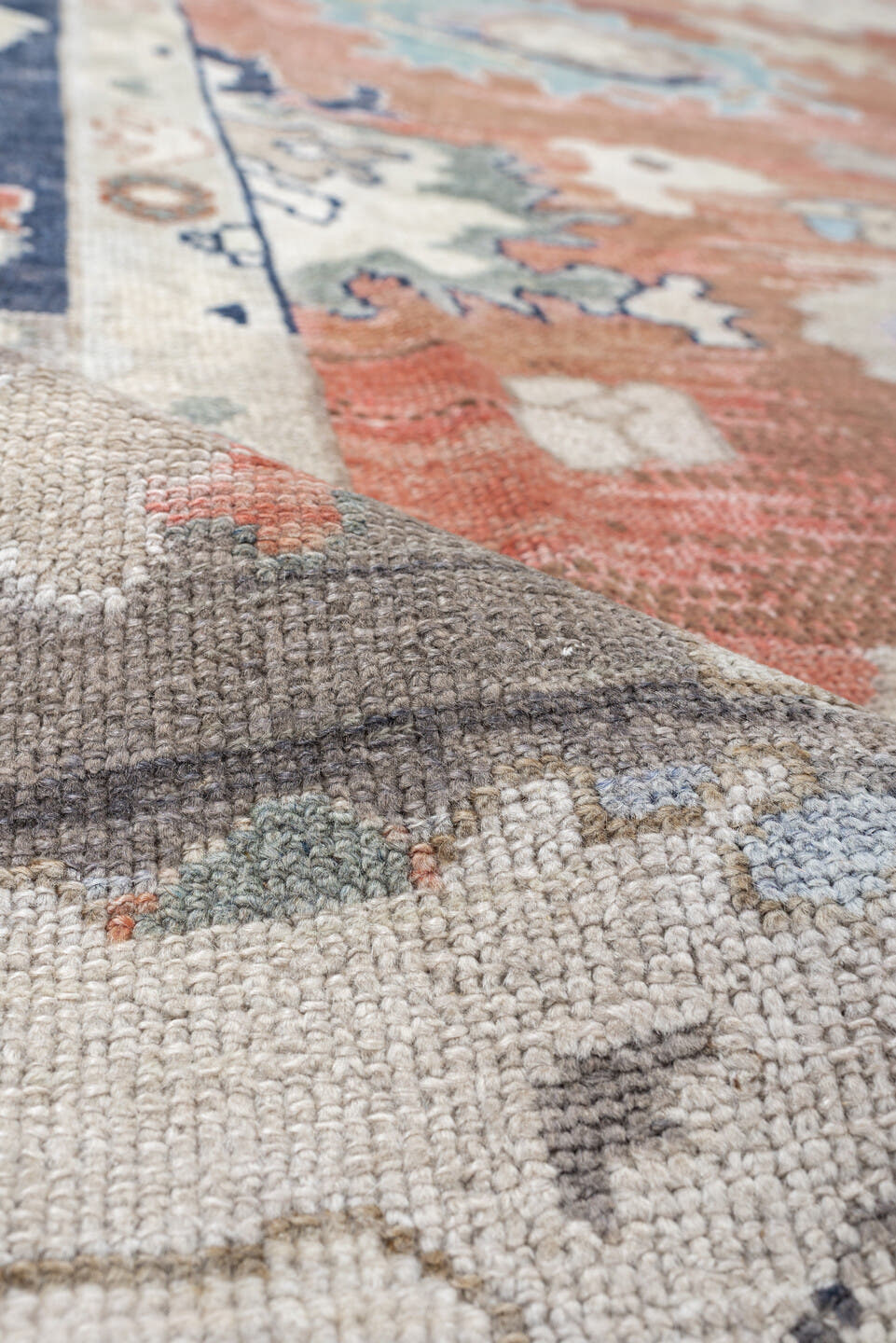 9' x 11' one-of-a-kind handmade vintage Oushak large size rug. Color palette: terracotta, taupe, ivory, cream, powder blue