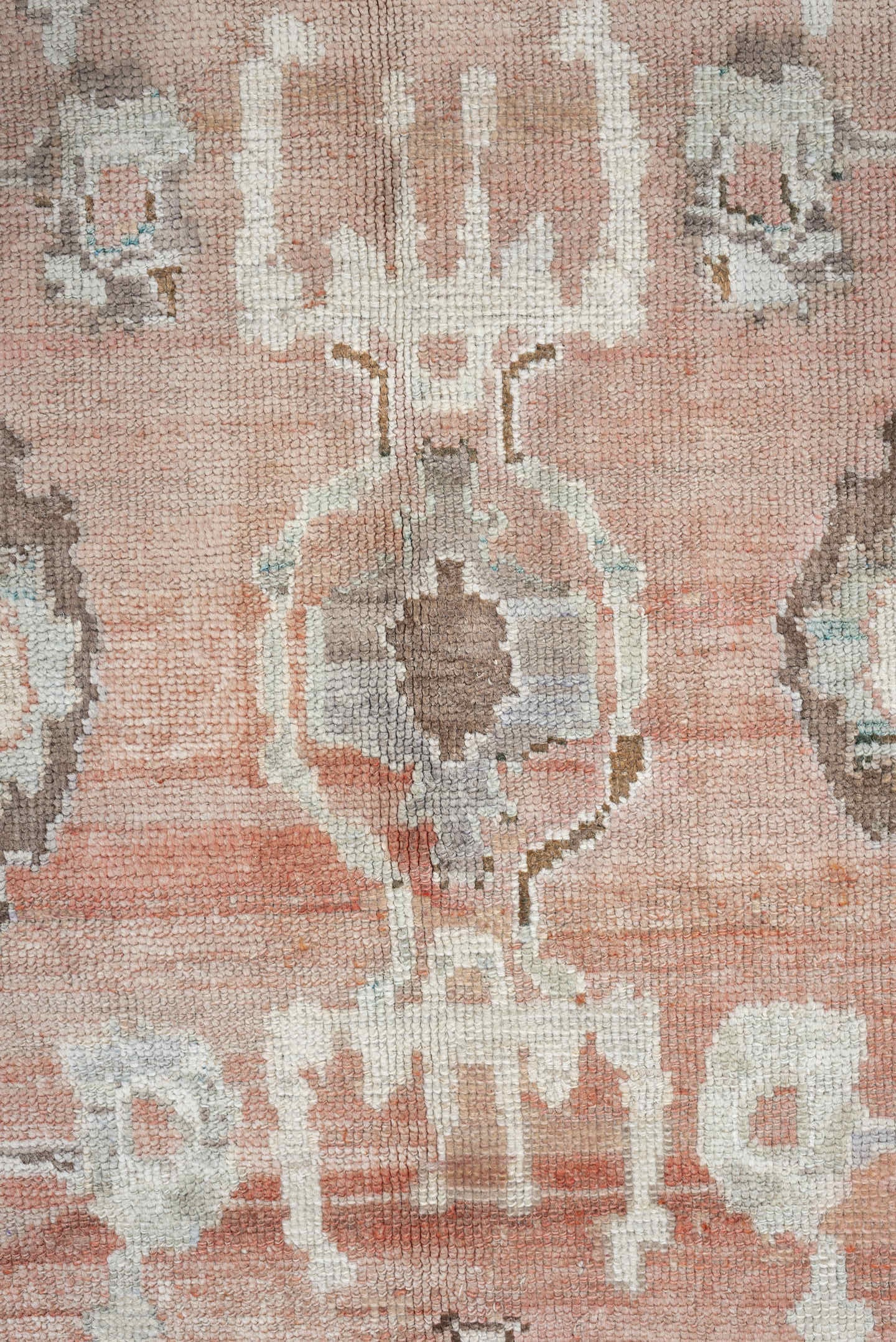 9' x 13' one-of-a-kind handmade vintage Oushak large size rug. Color palette: blush, taupe, ivory, pale blue, peach, sand