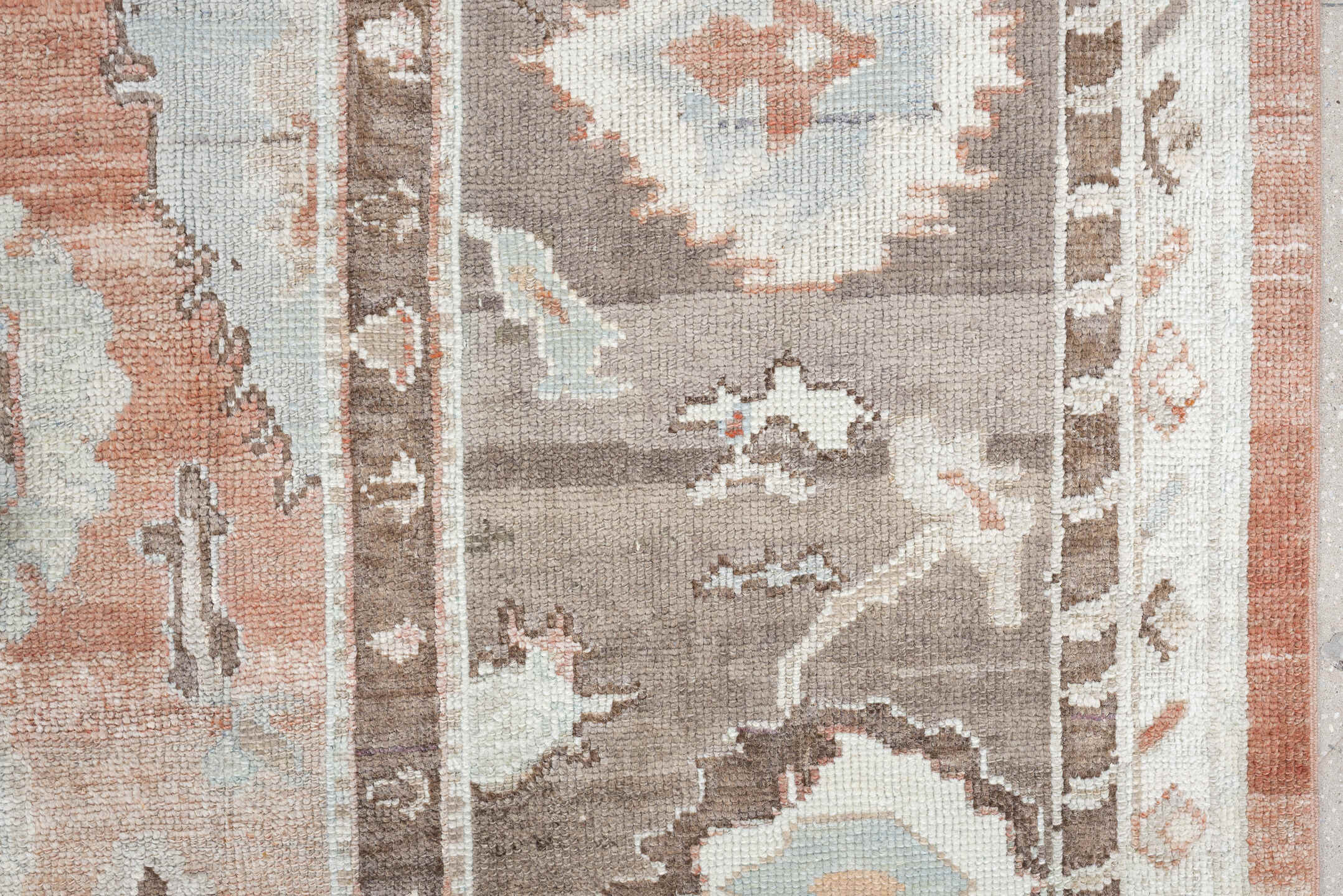 9' x 13' one-of-a-kind handmade vintage Oushak large size rug. Color palette: blush, taupe, ivory, pale blue, peach, sand