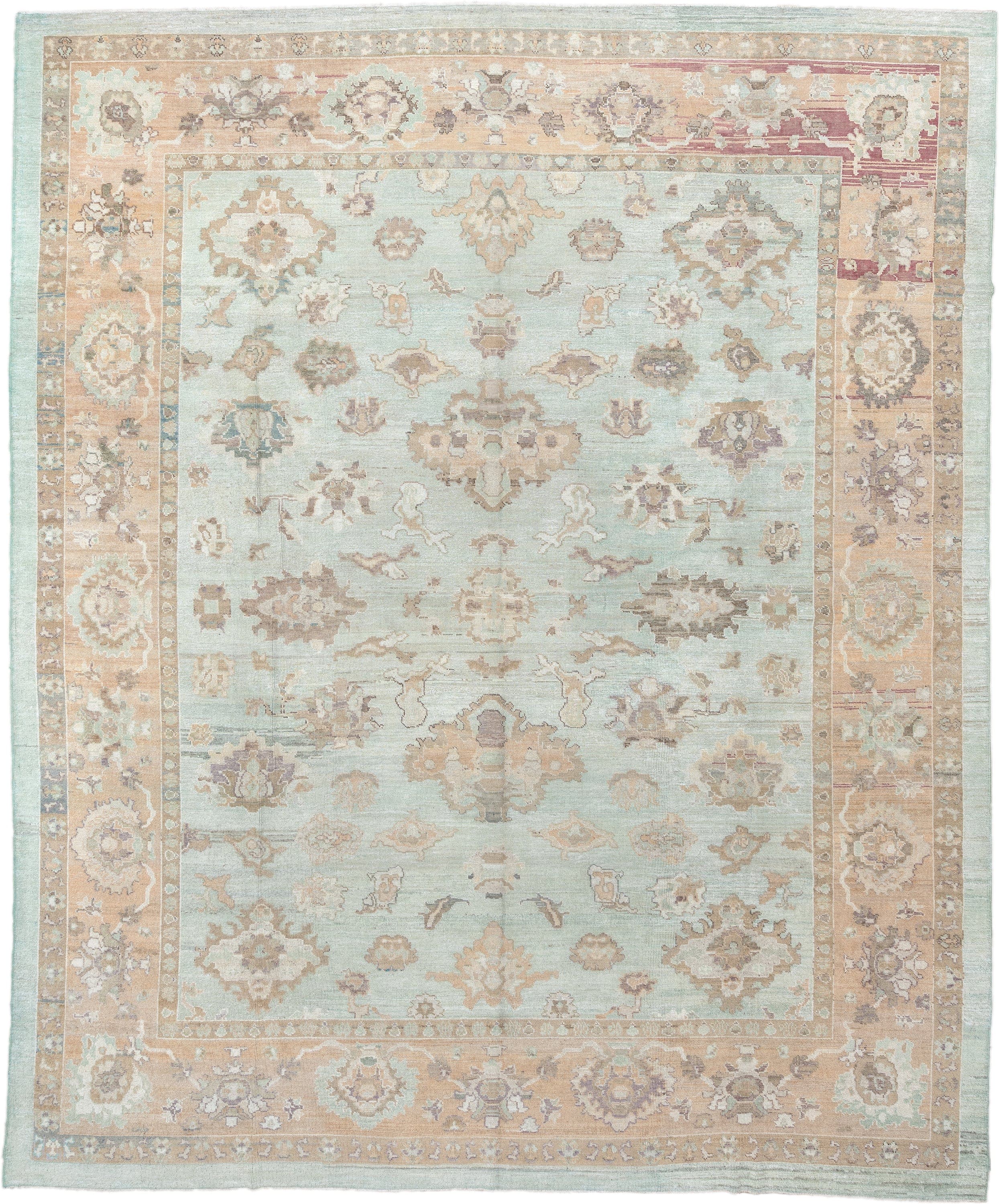 12' x 15' one-of-a-kind handmade vintage Oushak oversize rug. Color palette: aqua, beige, taupe, ivory, sand, rose, sage