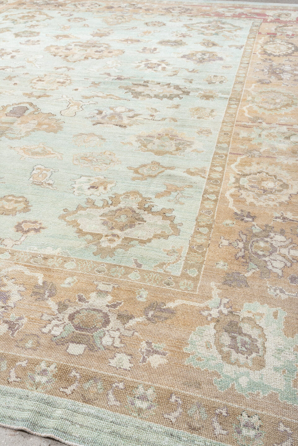 12' x 15' one-of-a-kind handmade vintage Oushak oversize rug. Color palette: aqua, beige, taupe, ivory, sand, rose, sage