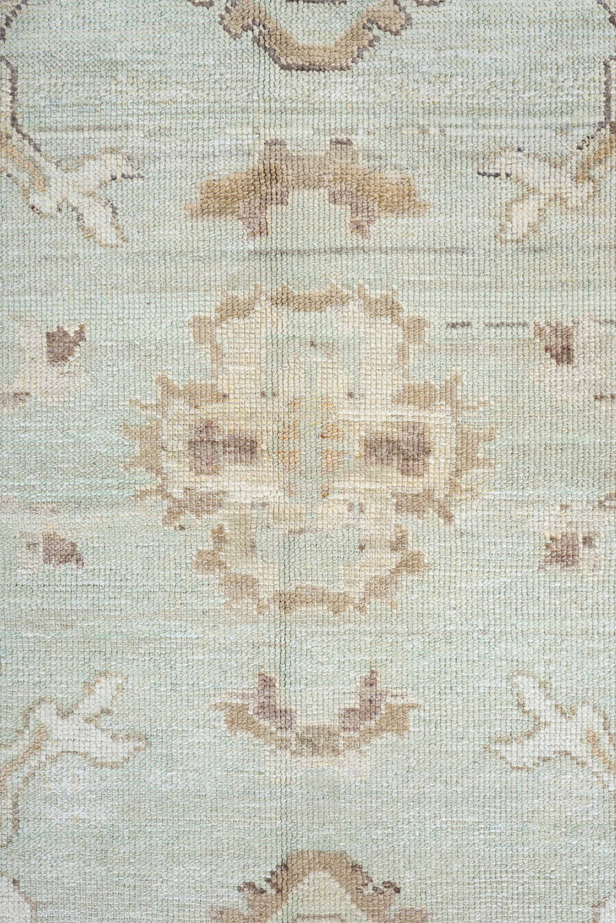 12' x 15' one-of-a-kind handmade vintage Oushak oversize rug. Color palette: aqua, beige, taupe, ivory, sand, rose, sage