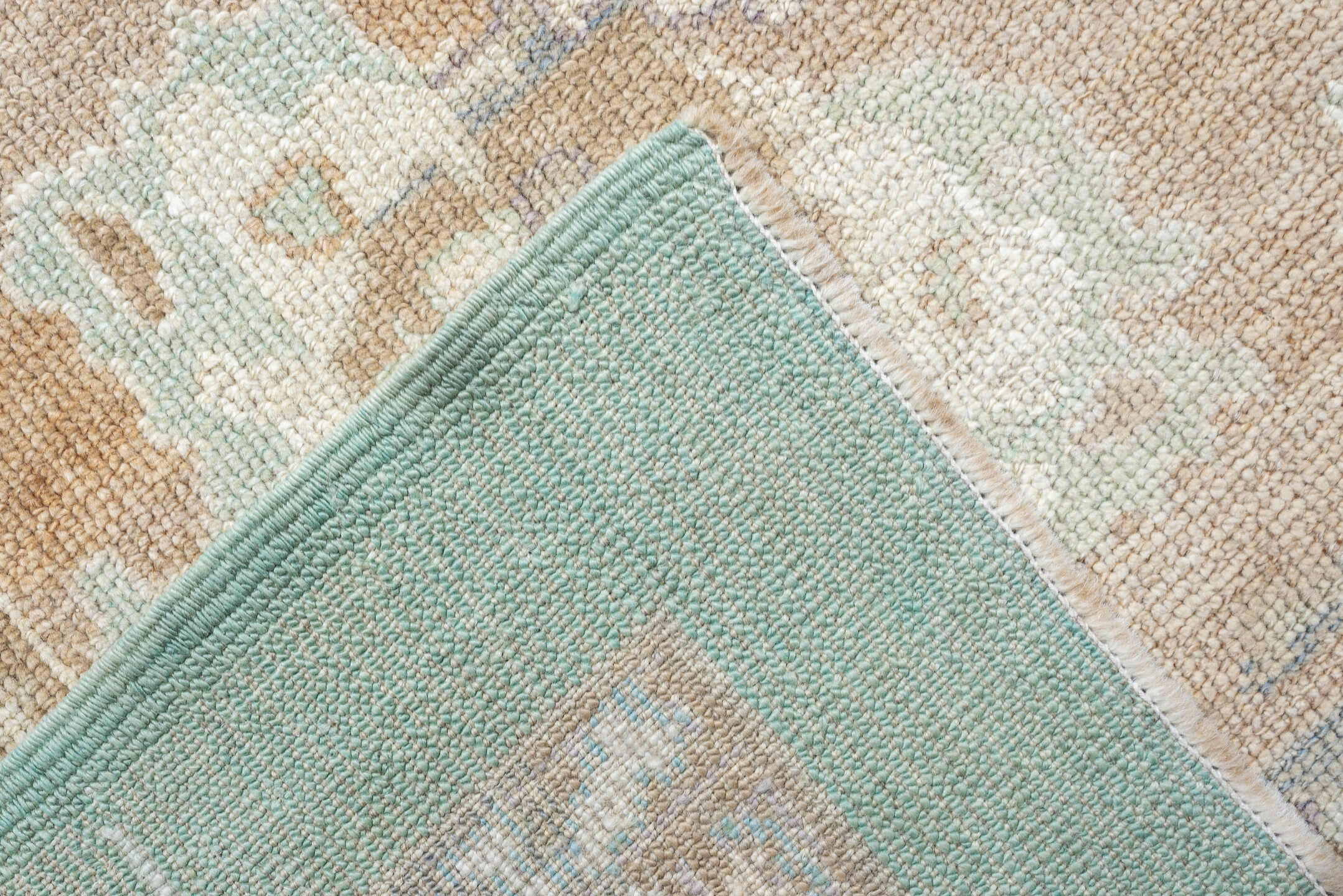 12' x 15' one-of-a-kind handmade vintage Oushak oversize rug. Color palette: aqua, beige, taupe, ivory, sand, rose, sage