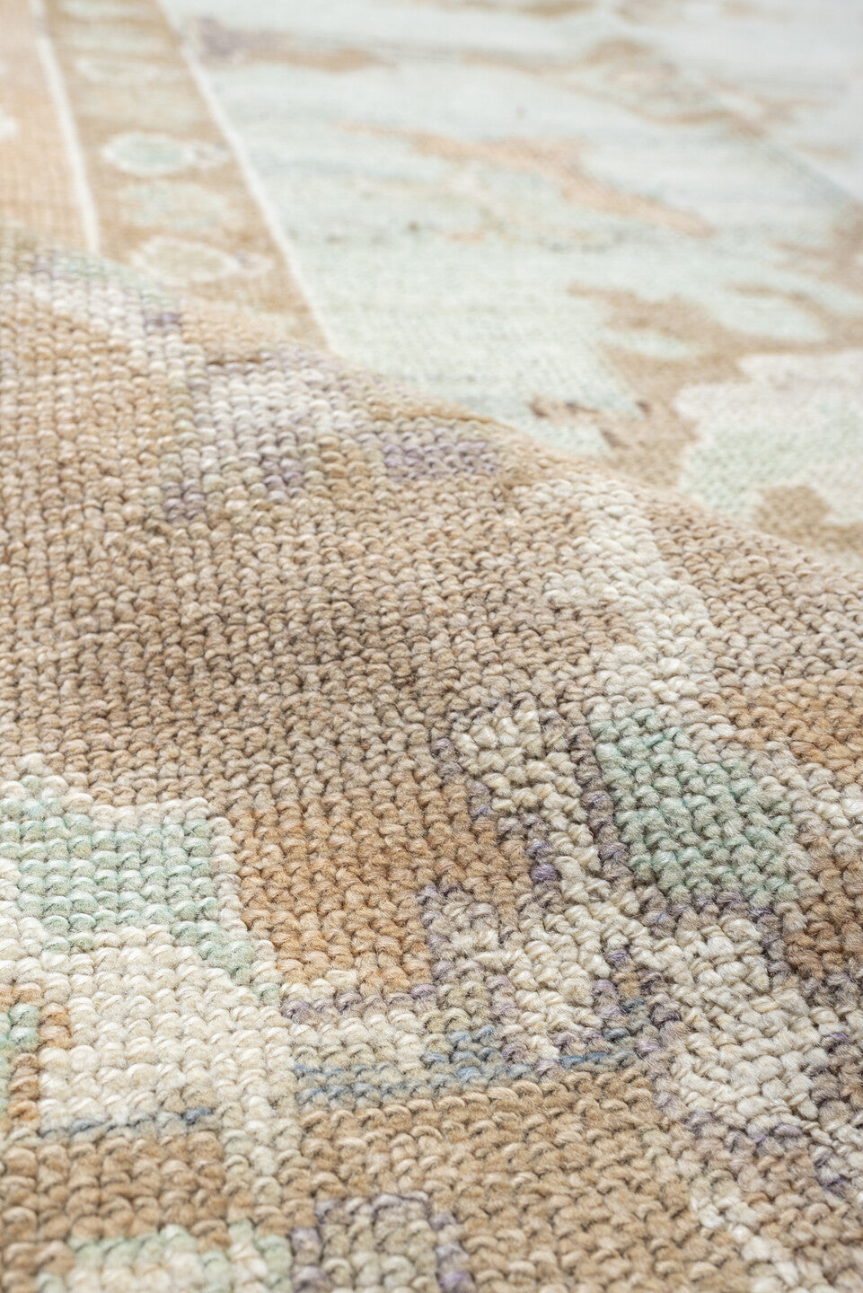 12' x 15' one-of-a-kind handmade vintage Oushak oversize rug. Color palette: aqua, beige, taupe, ivory, sand, rose, sage