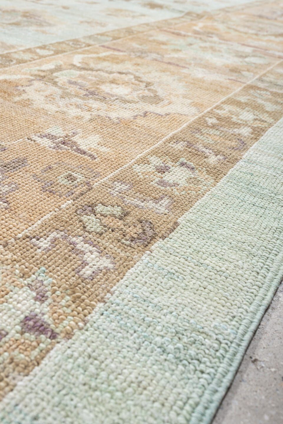 12' x 15' one-of-a-kind handmade vintage Oushak oversize rug. Color palette: aqua, beige, taupe, ivory, sand, rose, sage