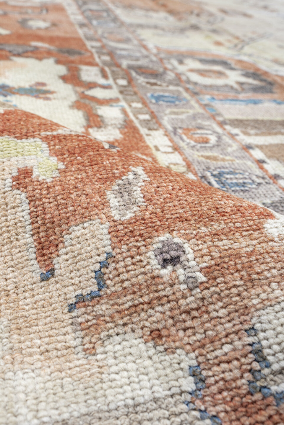 12' x 15' one-of-a-kind handmade vintage Oushak oversize rug. Color palette: ivory, terra cotta, taupe, slate, pale blue