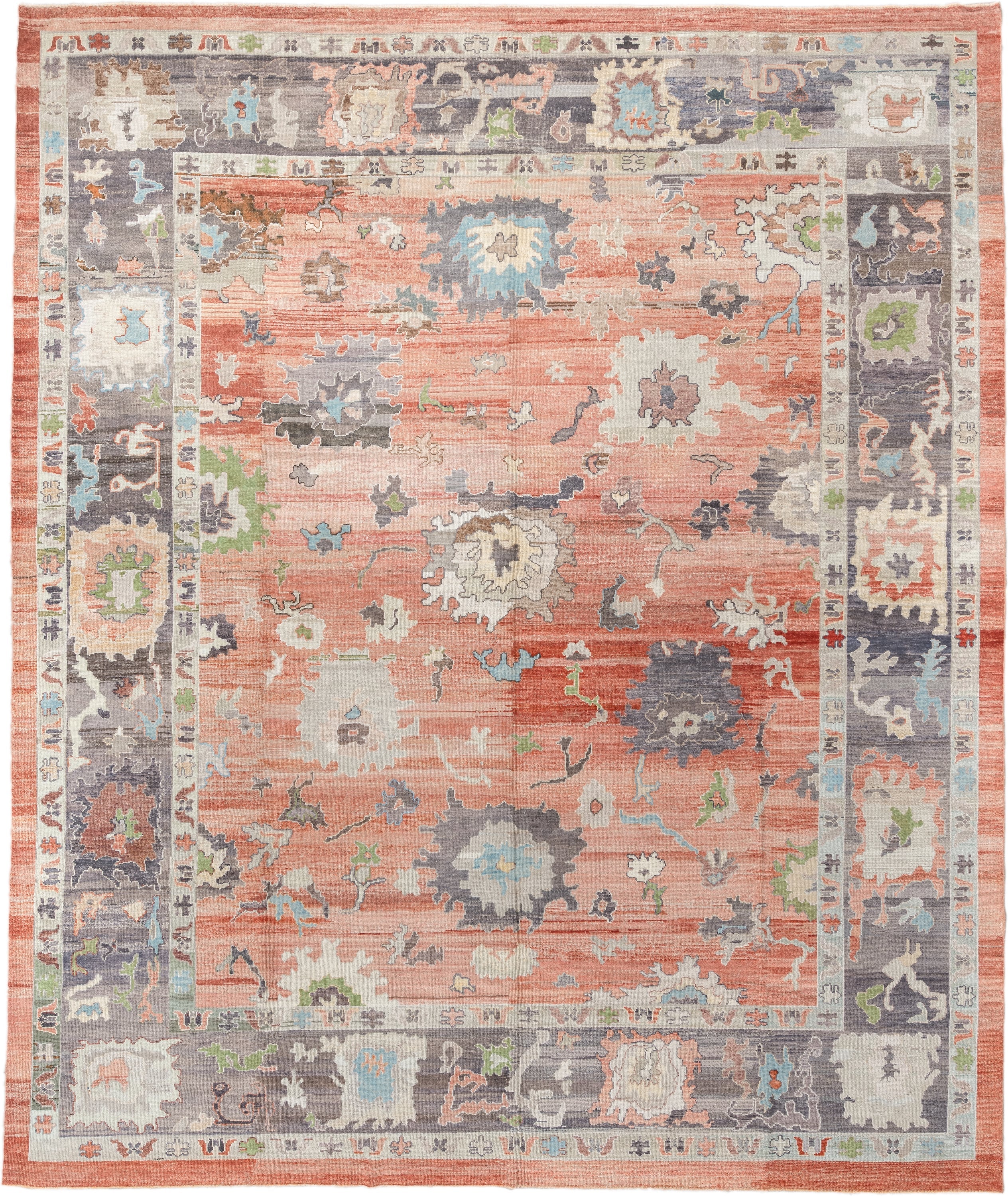 12' x 15' one-of-a-kind handmade vintage Oushak oversize rug. Color palette: coral, slate, ivory, sky blue, sage, taupe