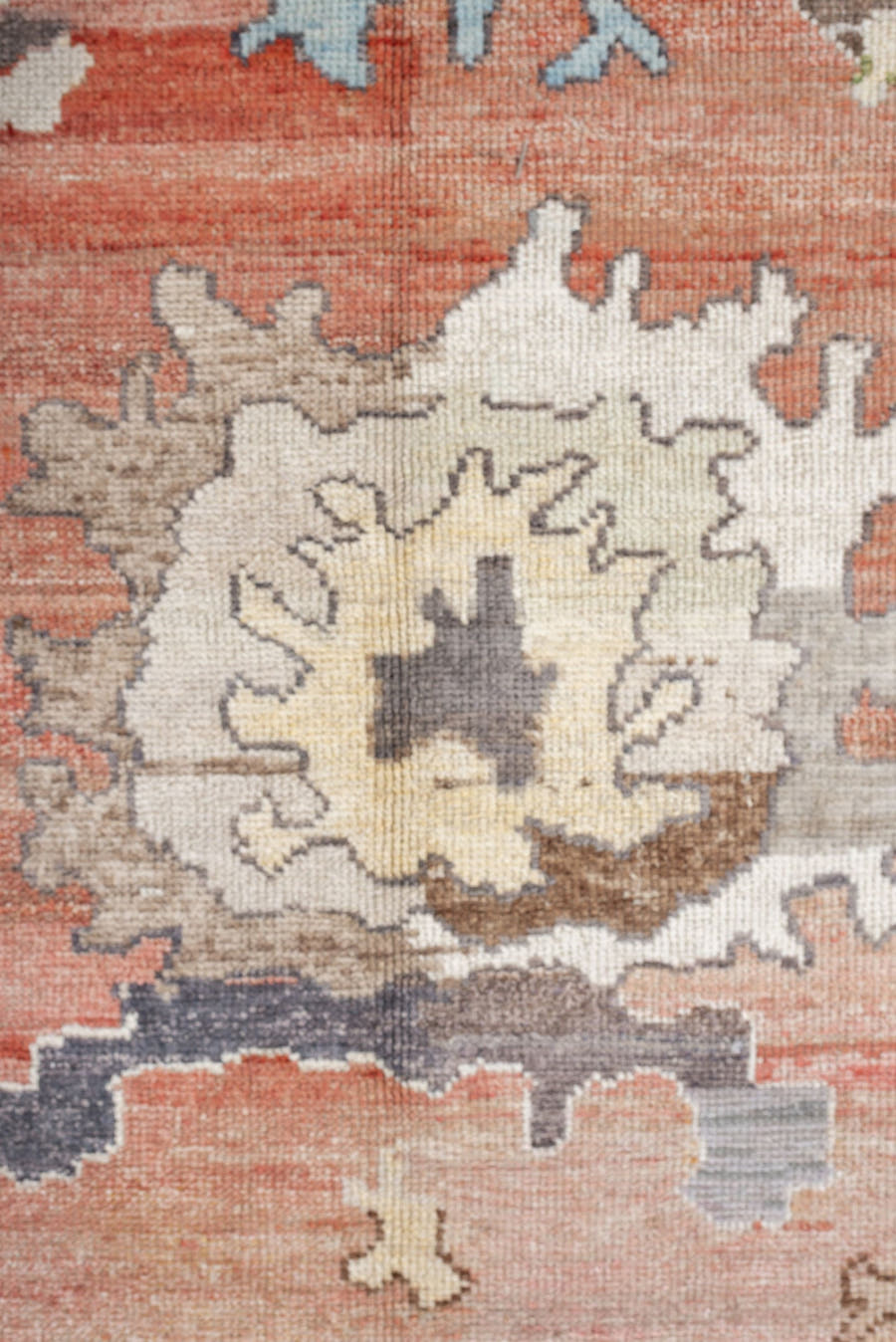 12' x 15' one-of-a-kind handmade vintage Oushak oversize rug. Color palette: coral, slate, ivory, sky blue, sage, taupe