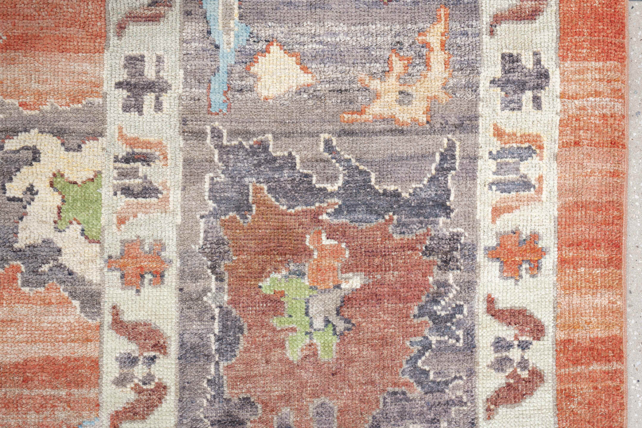 12' x 15' one-of-a-kind handmade vintage Oushak oversize rug. Color palette: coral, slate, ivory, sky blue, sage, taupe