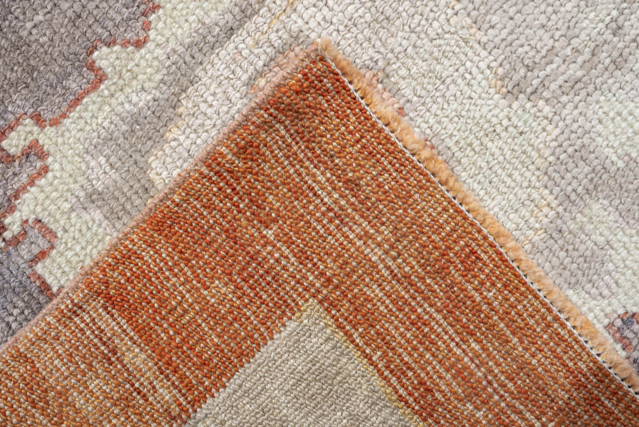 12' x 15' one-of-a-kind handmade vintage Oushak oversize rug. Color palette: coral, slate, ivory, sky blue, sage, taupe