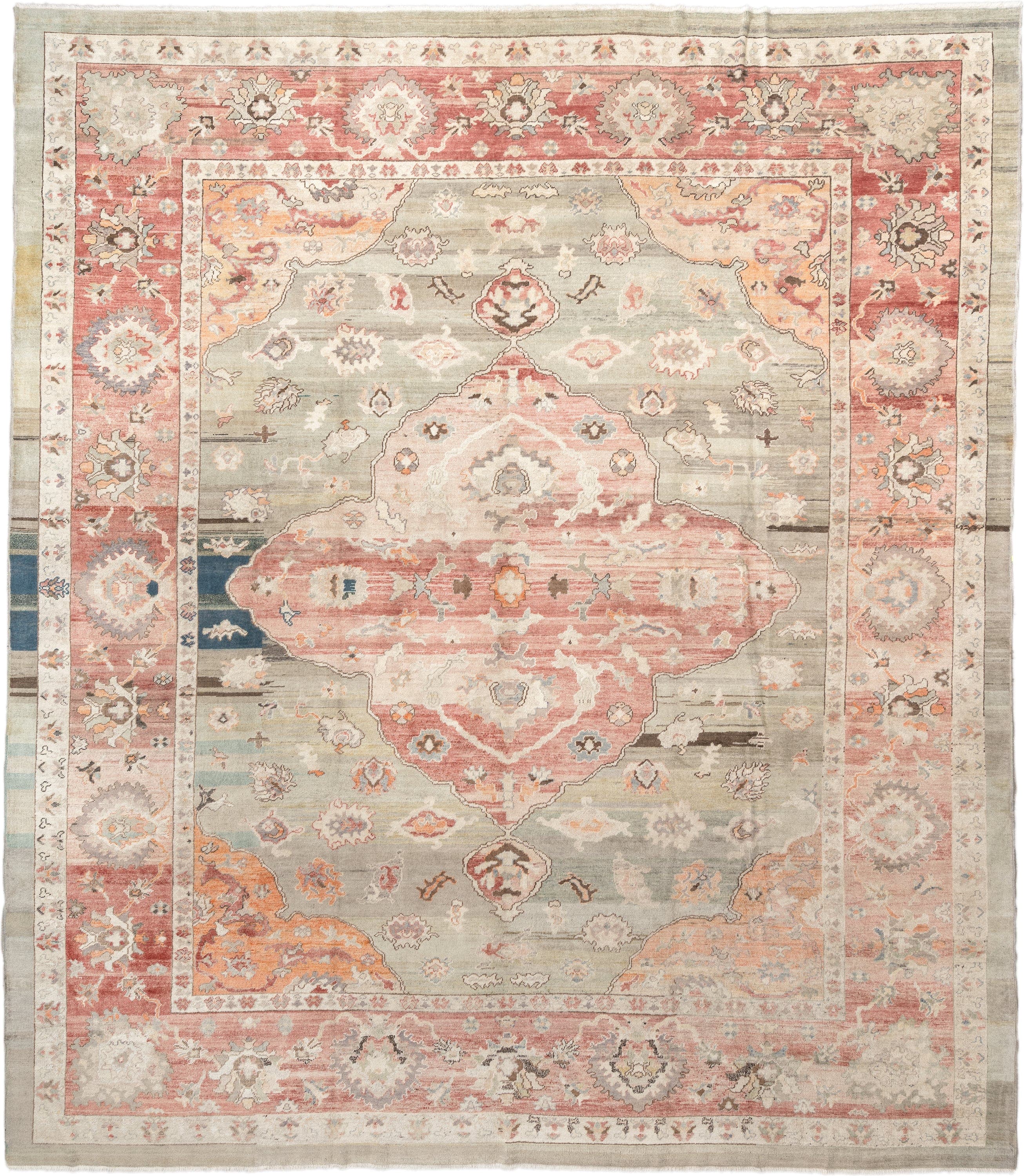 12' x 14' one-of-a-kind handmade vintage Oushak oversize rug. Color palette: sage, coral, ivory, terracotta, taupe, peach