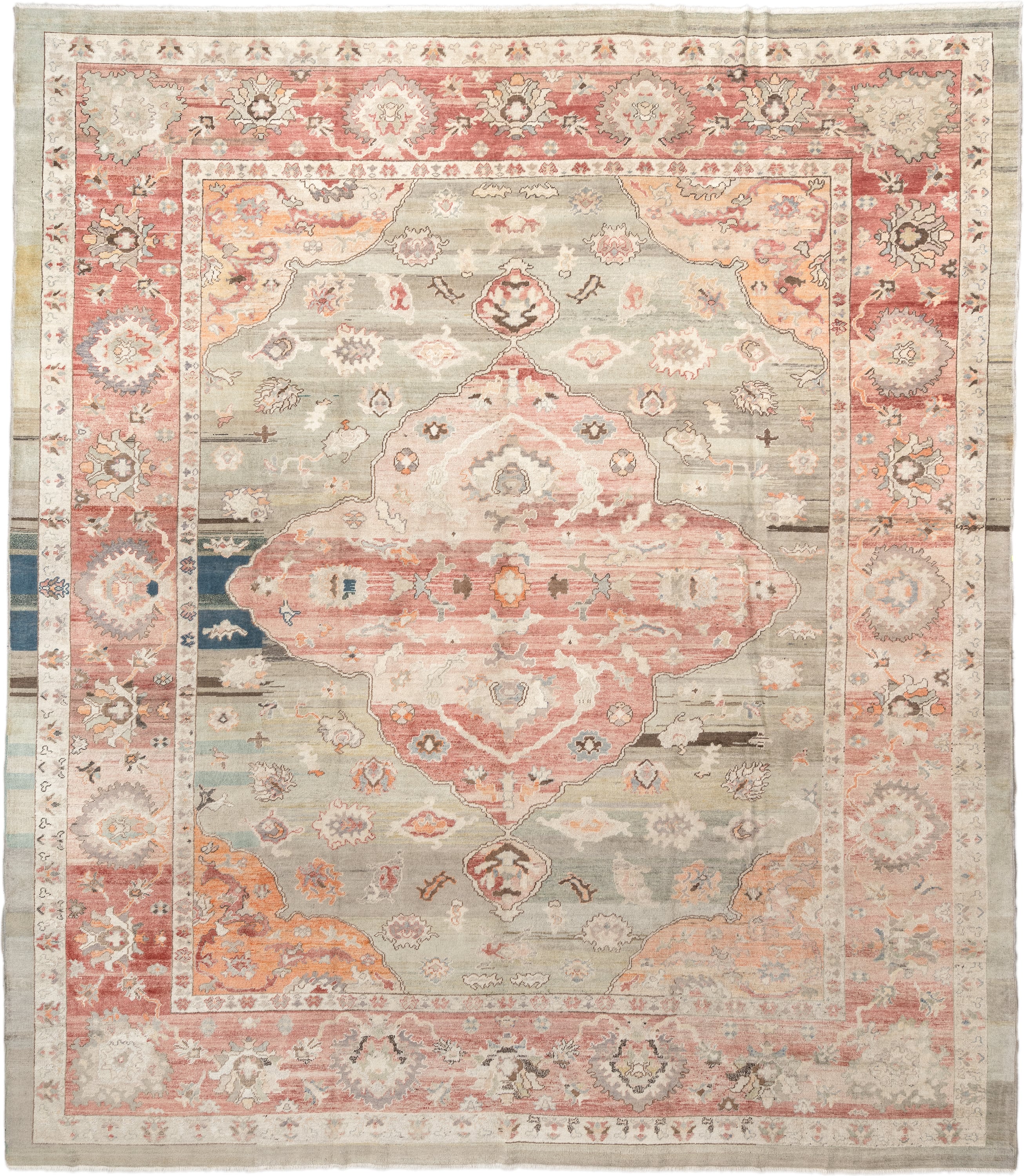 12' x 14' one-of-a-kind handmade vintage Oushak oversize rug. Color palette: sage, coral, ivory, terracotta, taupe, peach