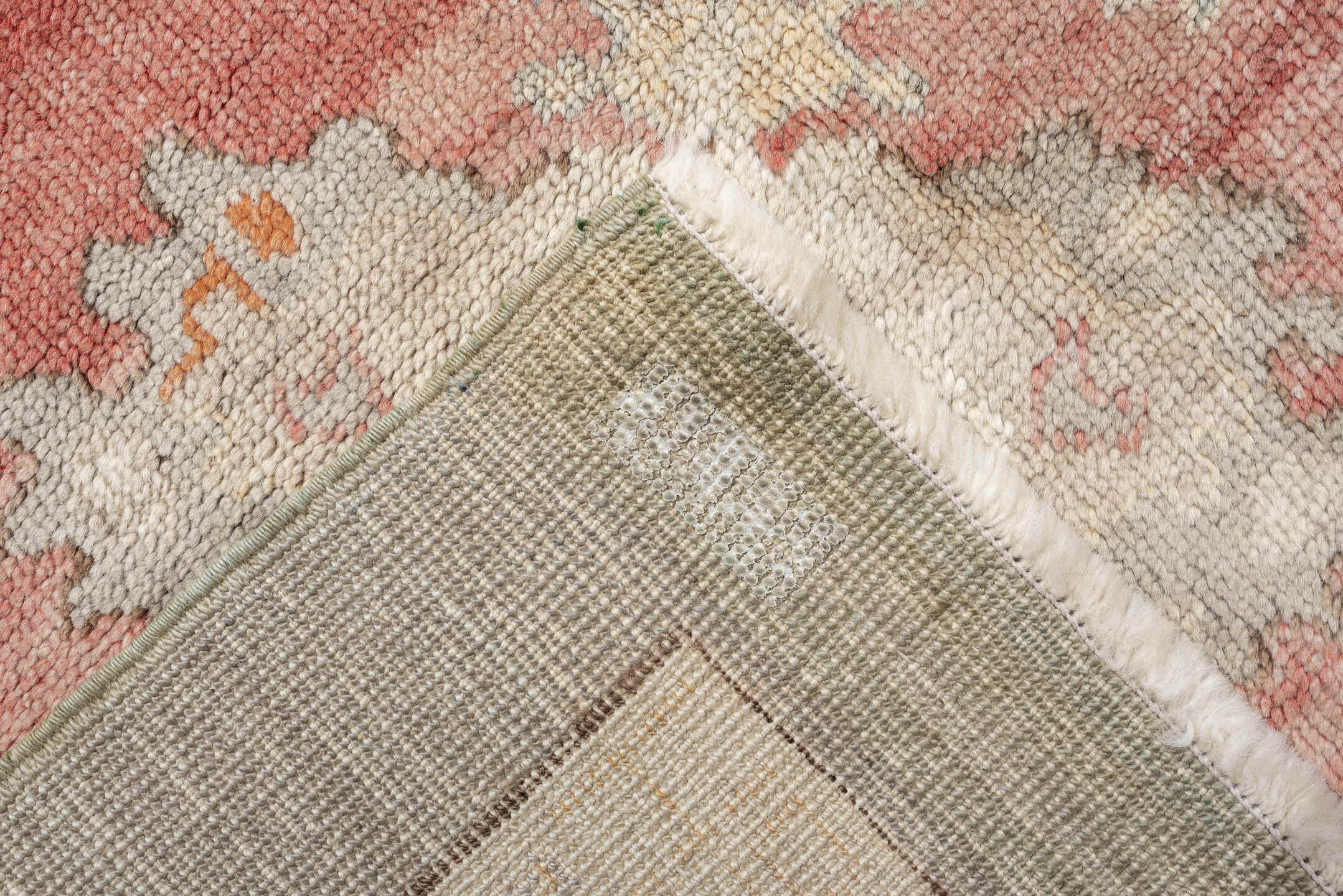12' x 14' one-of-a-kind handmade vintage Oushak oversize rug. Color palette: sage, coral, ivory, terracotta, taupe, peach