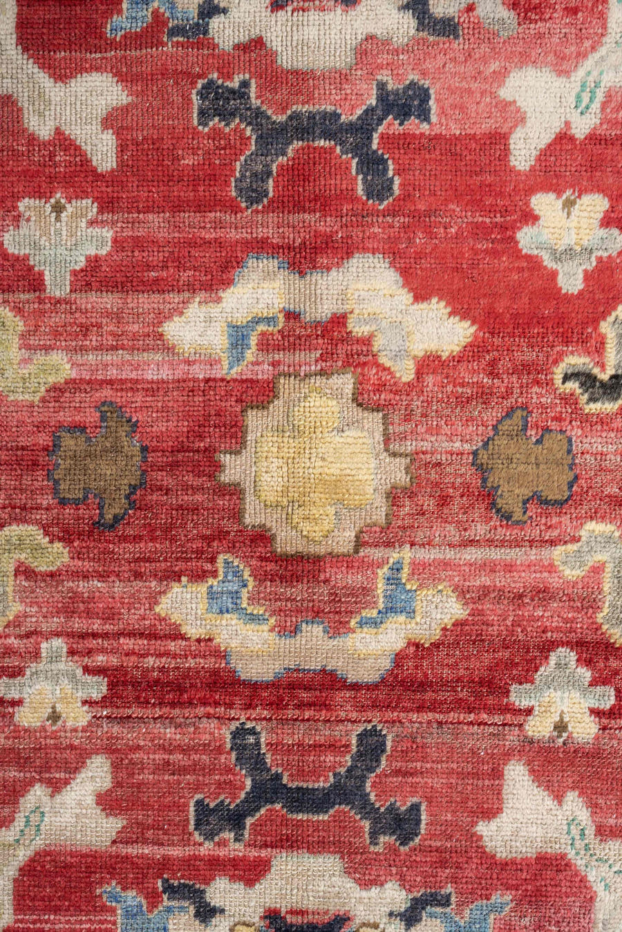12' x 15' one-of-a-kind handmade vintage Oushak oversize rug. Color palette: terracotta, sage, ivory, rust, cream, navy