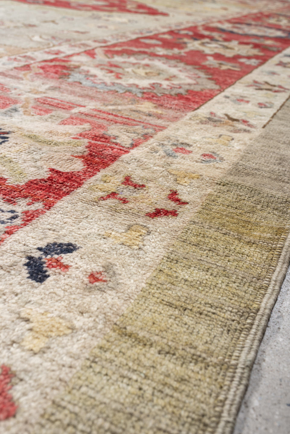 12' x 15' one-of-a-kind handmade vintage Oushak oversize rug. Color palette: terracotta, sage, ivory, rust, cream, navy
