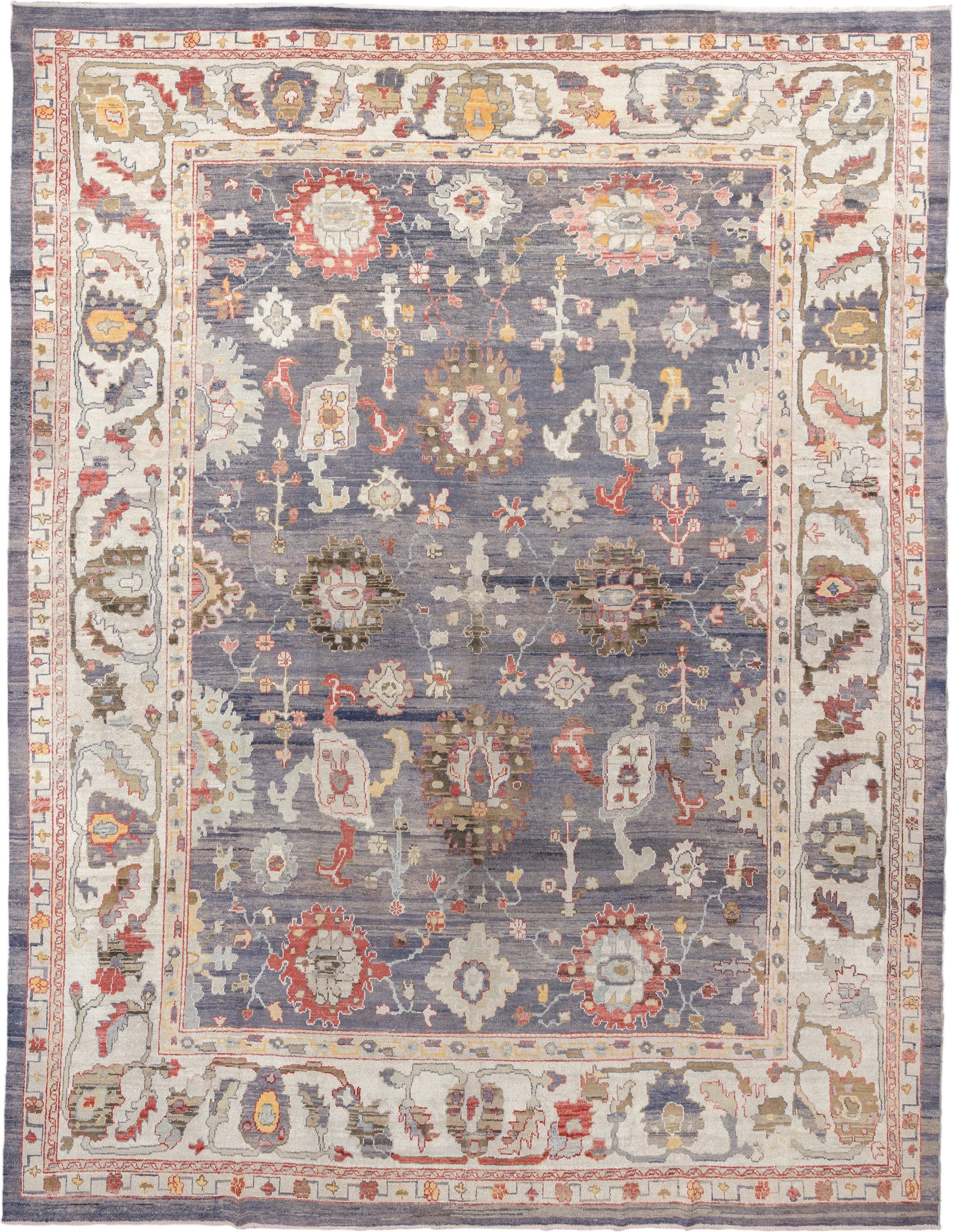 12' x 15' one-of-a-kind handmade vintage Oushak oversize rug. Color palette: slate, ivory, taupe, terracotta, sage, gold
