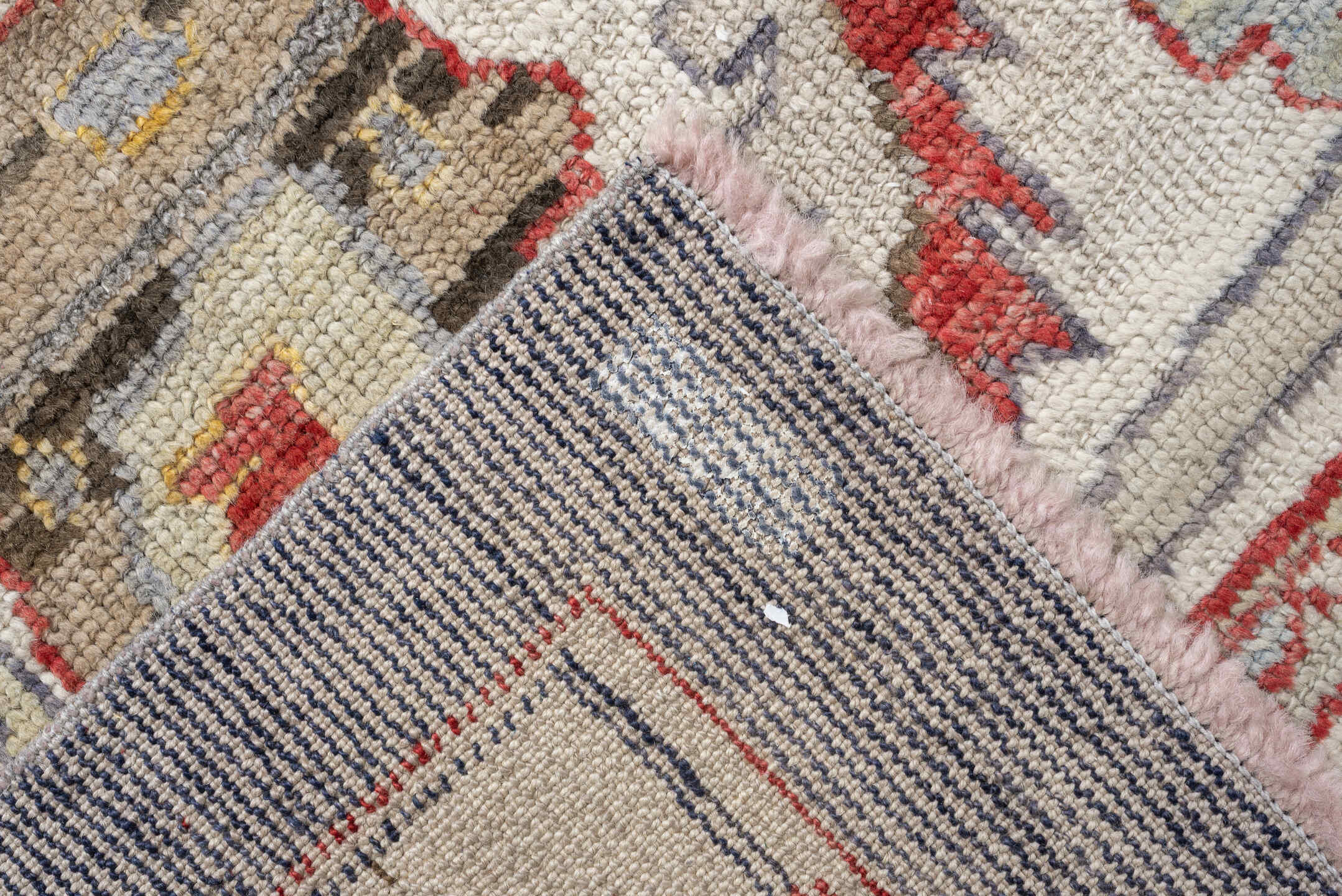 12' x 15' one-of-a-kind handmade vintage Oushak oversize rug. Color palette: slate, ivory, taupe, terracotta, sage, gold