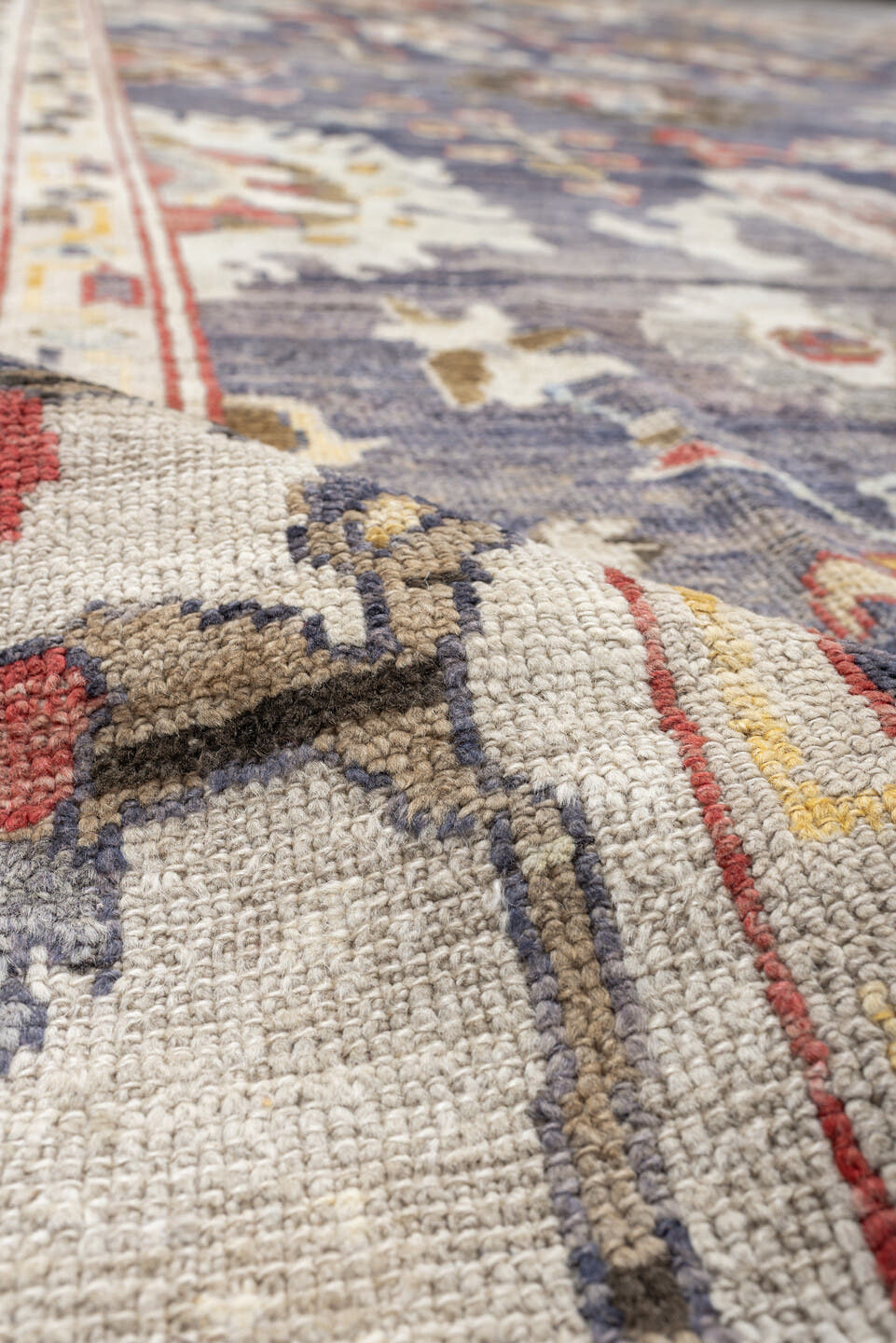 12' x 15' one-of-a-kind handmade vintage Oushak oversize rug. Color palette: slate, ivory, taupe, terracotta, sage, gold