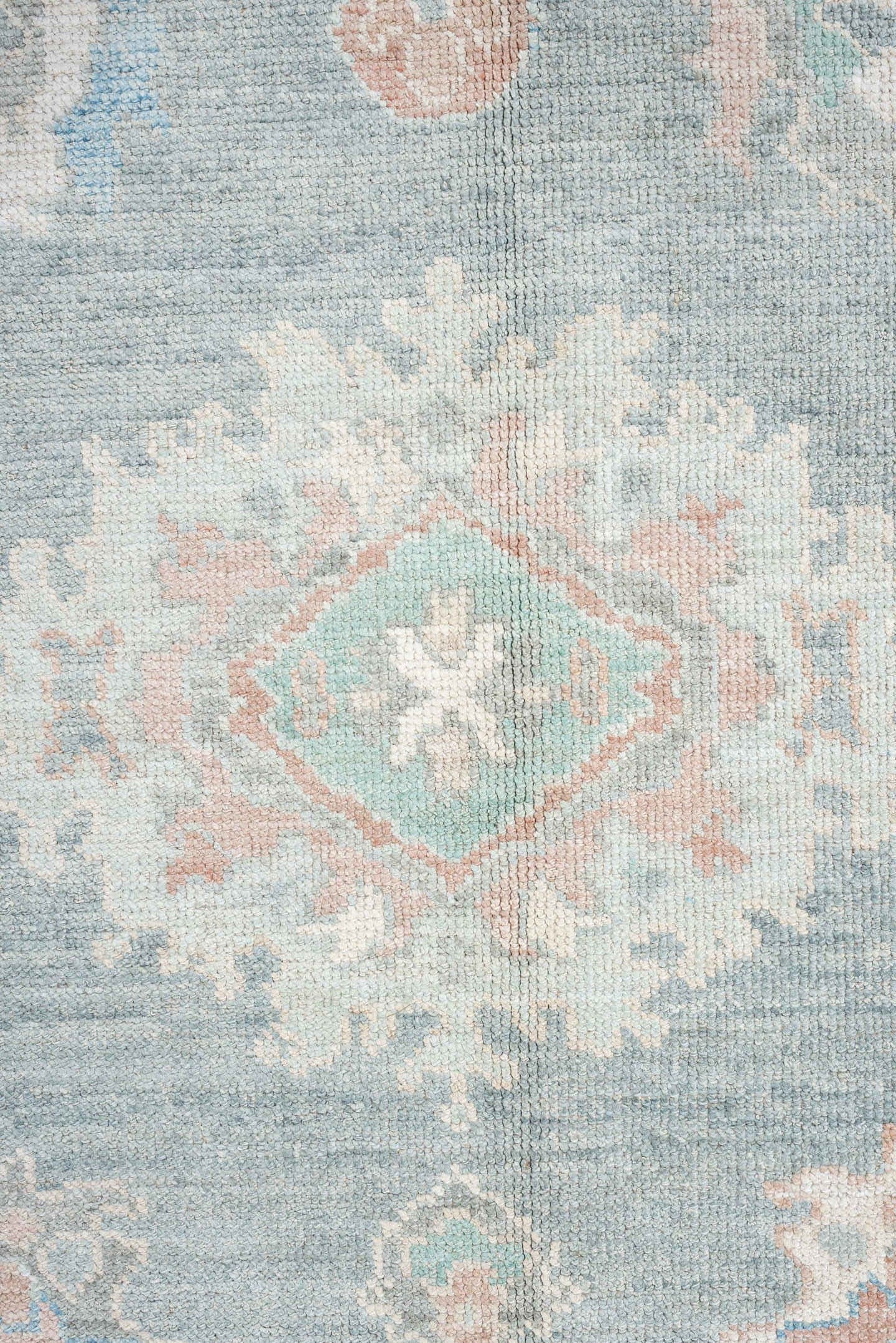 9' x 12' one-of-a-kind handmade vintage Oushak large size rug. Color palette: pale blue, ivory, blush, sage, peach, taupe