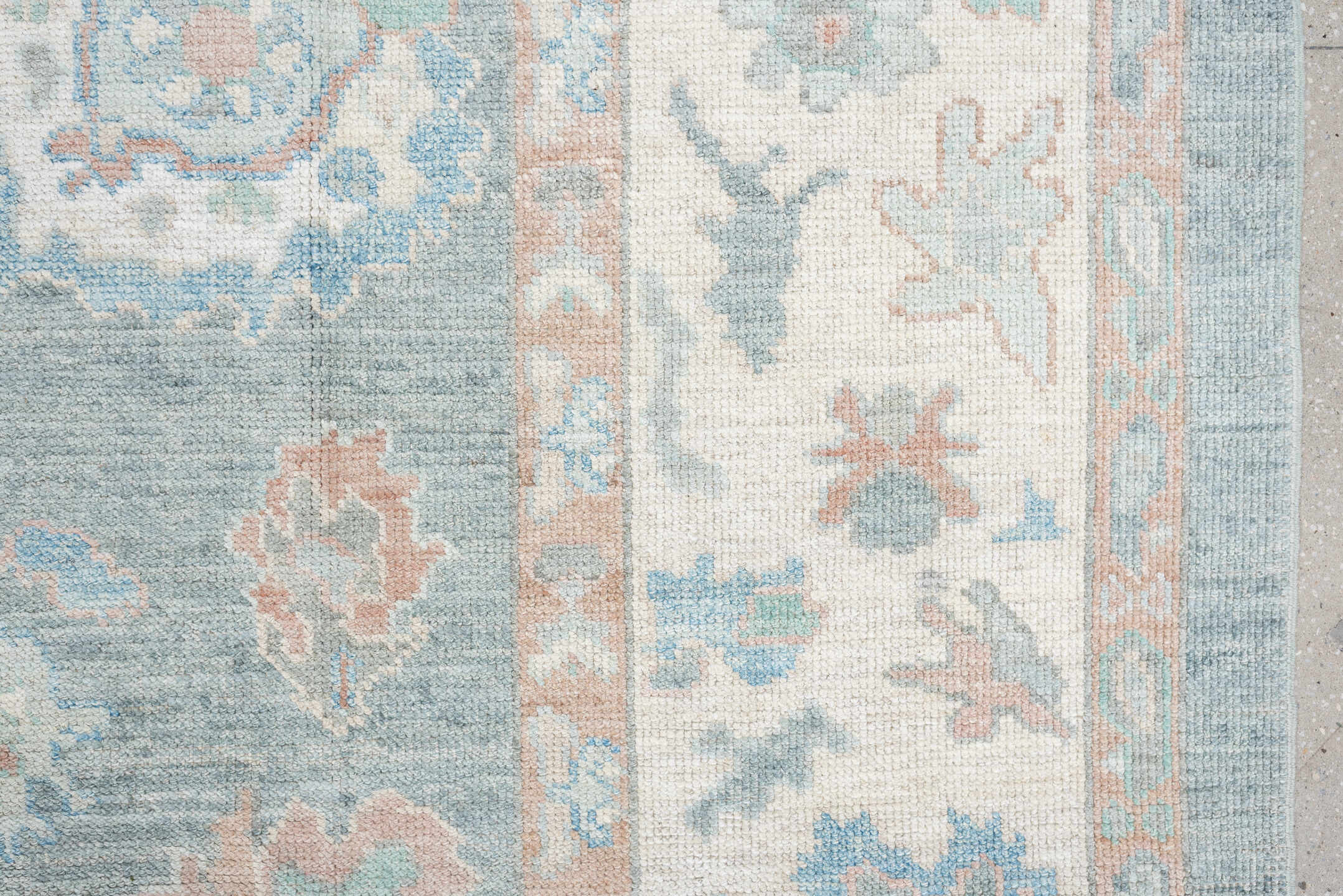 9' x 12' one-of-a-kind handmade vintage Oushak large size rug. Color palette: pale blue, ivory, blush, sage, peach, taupe