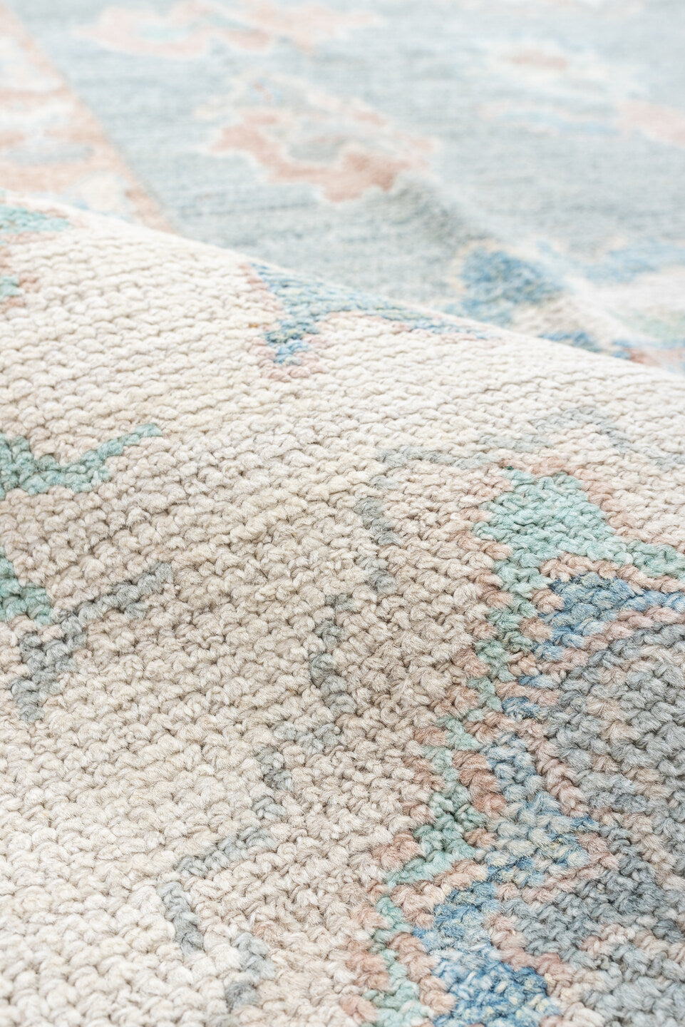 9' x 12' one-of-a-kind handmade vintage Oushak large size rug. Color palette: pale blue, ivory, blush, sage, peach, taupe