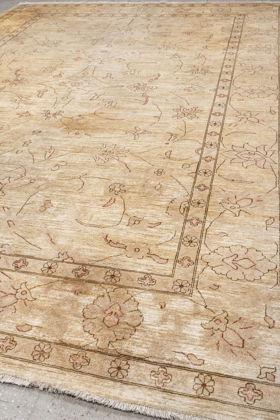 12' x 14' one-of-a-kind handmade vintage Afghan oversize rug. Color palette: ivory, beige, blush, taupe, sand, pink, gray