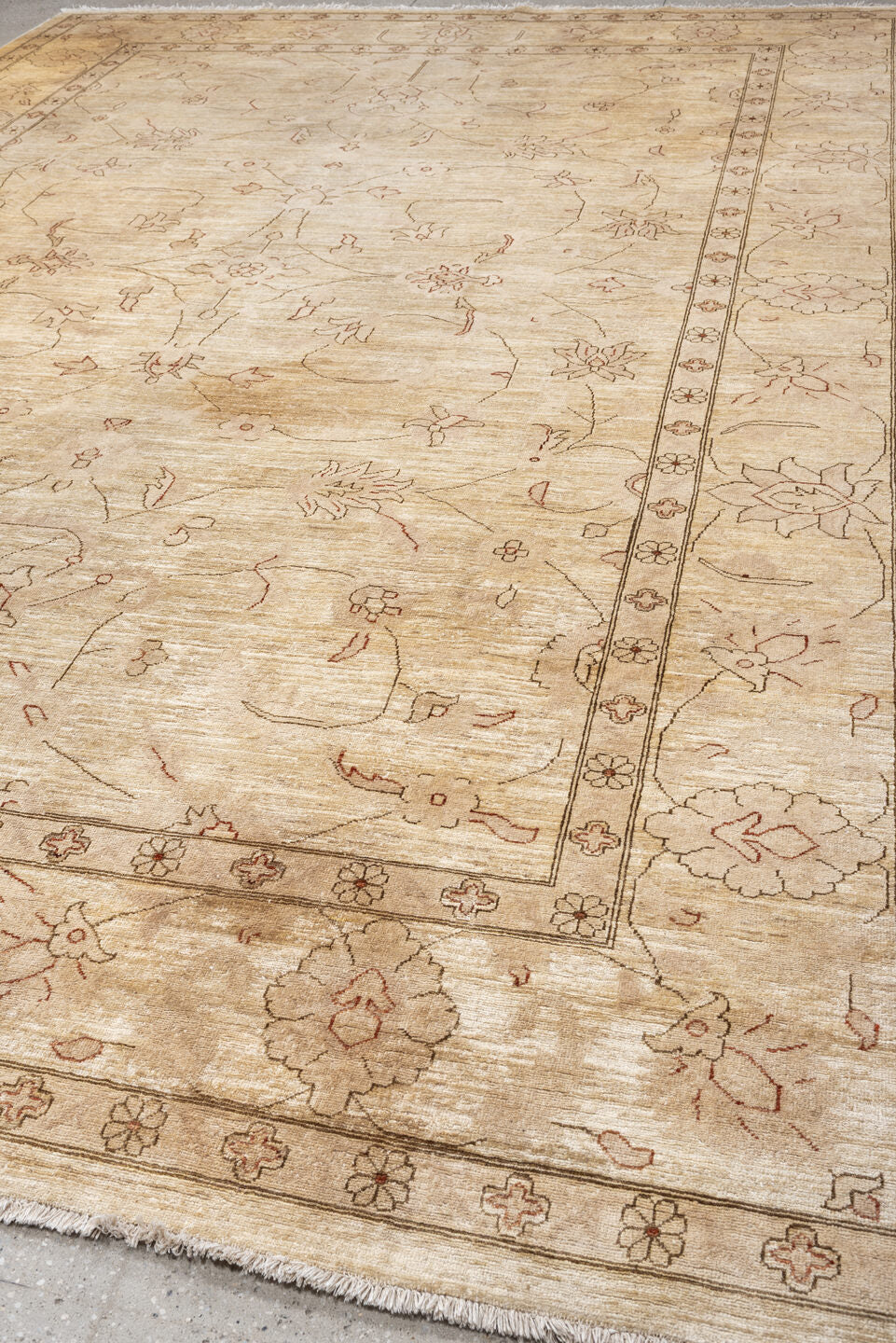 12' x 14' one-of-a-kind handmade vintage Afghan oversize rug. Color palette: ivory, beige, blush, taupe, sand, pink, gray