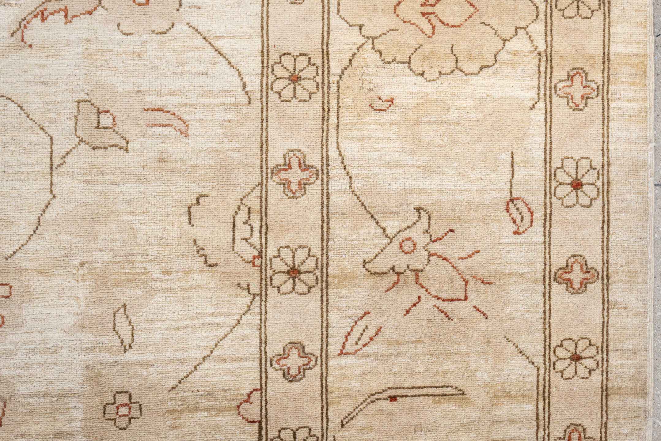 12' x 14' one-of-a-kind handmade vintage Afghan oversize rug. Color palette: ivory, beige, blush, taupe, sand, pink, gray