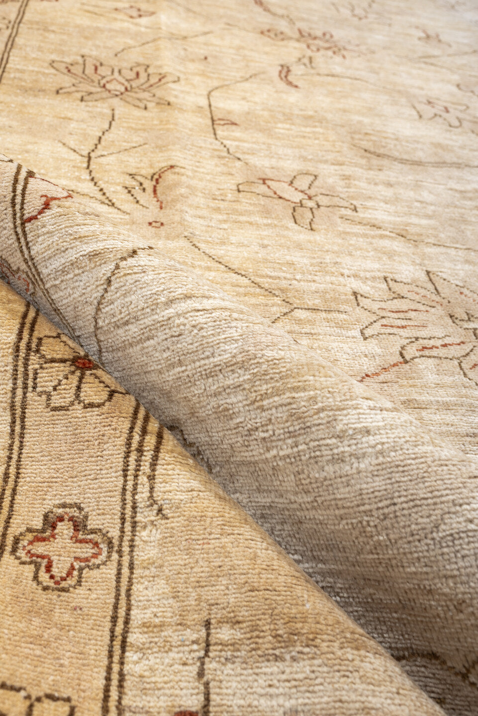 12' x 14' one-of-a-kind handmade vintage Afghan oversize rug. Color palette: ivory, beige, blush, taupe, sand, pink, gray