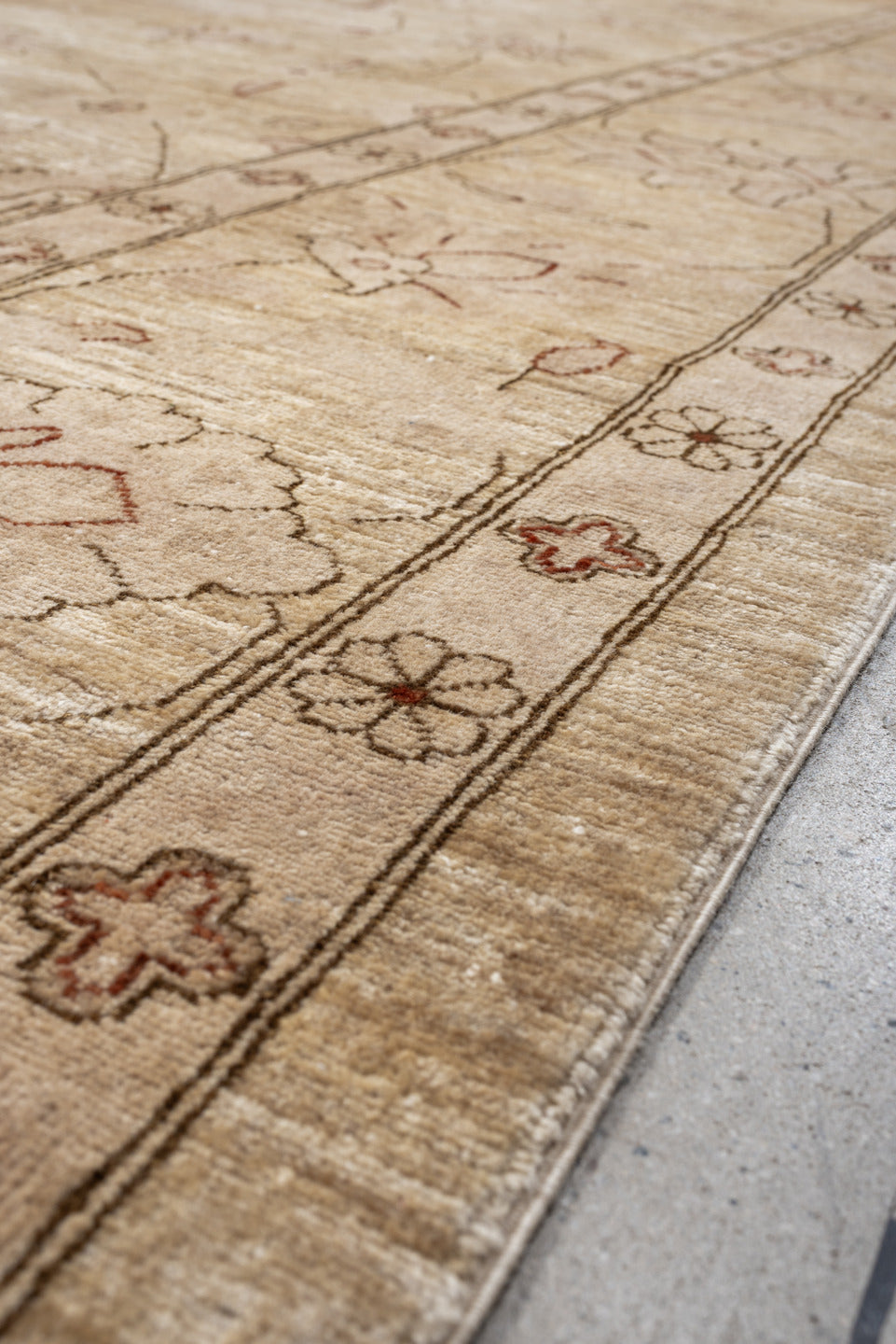 12' x 14' one-of-a-kind handmade vintage Afghan oversize rug. Color palette: ivory, beige, blush, taupe, sand, pink, gray