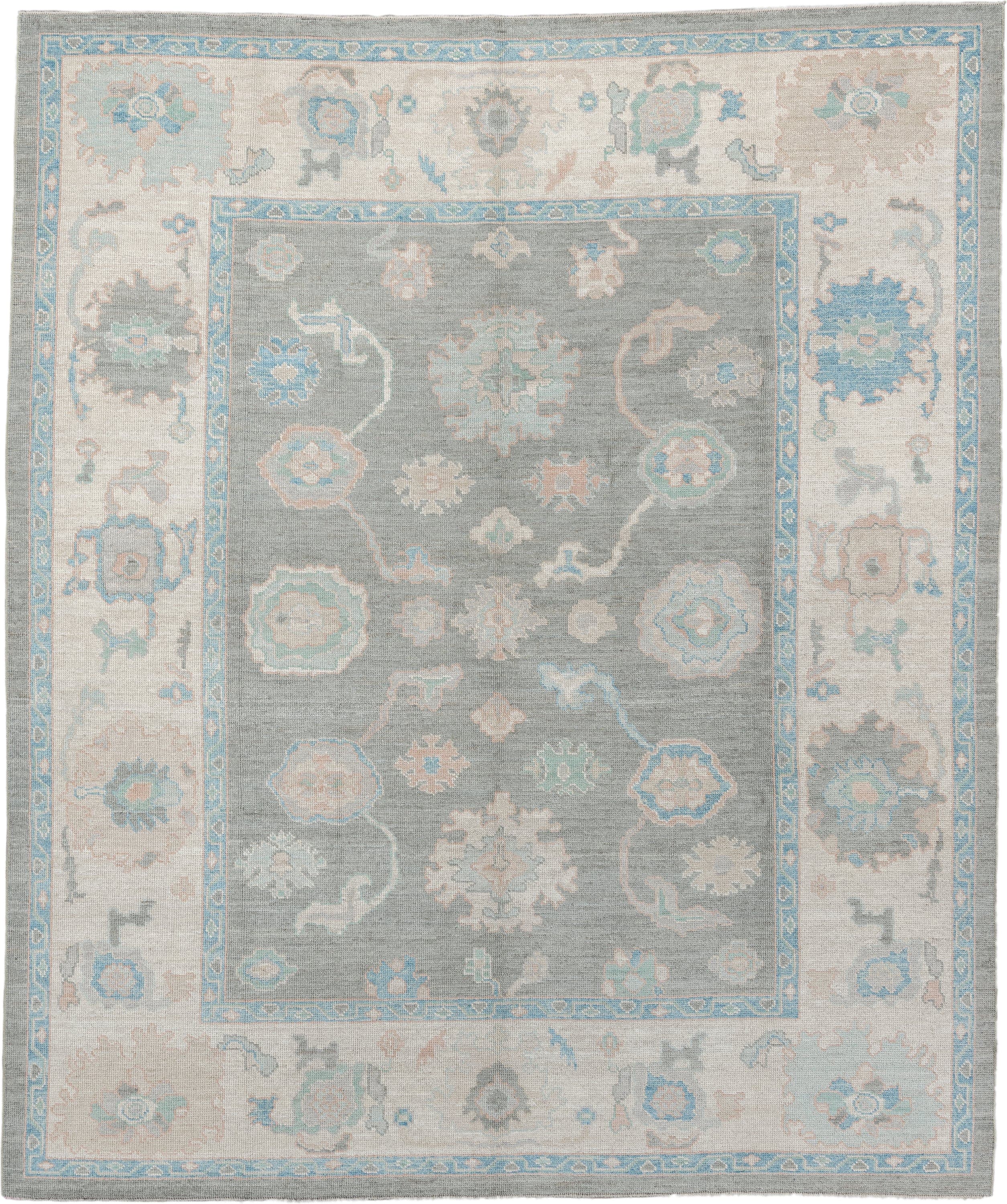 8' x 10' one-of-a-kind handmade vintage Oushak large size rug. Color palette: gray, ivory, pale aqua, taupe, blush, beige