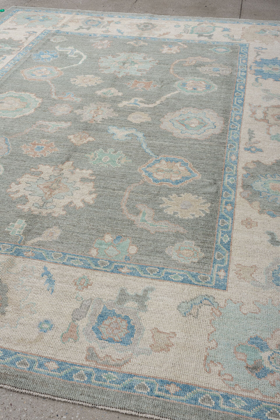 8' x 10' one-of-a-kind handmade vintage Oushak large size rug. Color palette: gray, ivory, pale aqua, taupe, blush, beige