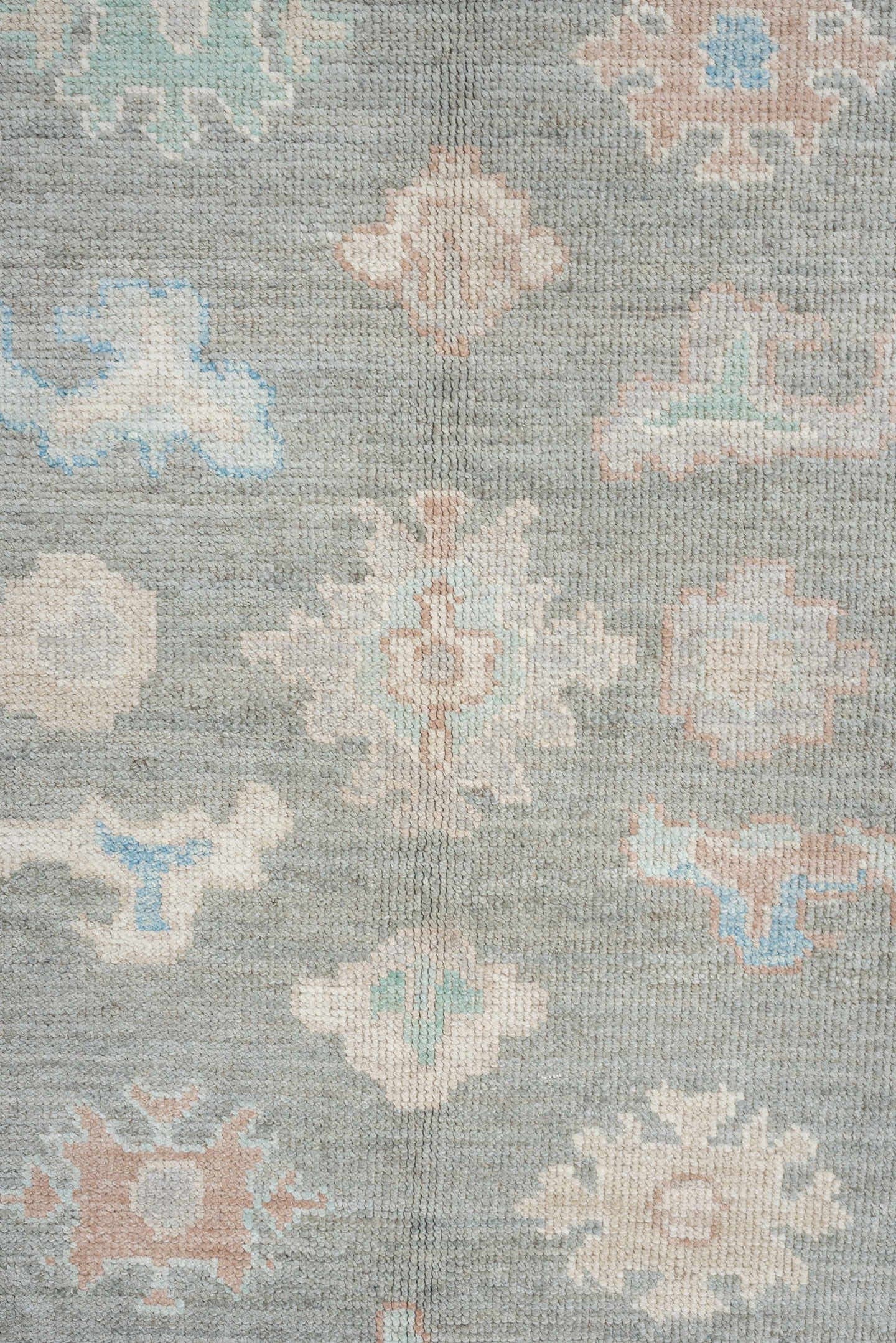 8' x 10' one-of-a-kind handmade vintage Oushak large size rug. Color palette: gray, ivory, pale aqua, taupe, blush, beige