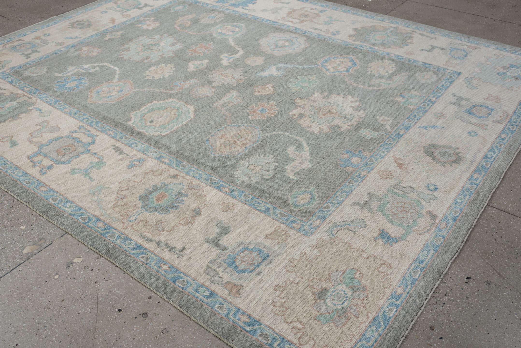 8' x 10' one-of-a-kind handmade vintage Oushak large size rug. Color palette: gray, ivory, pale aqua, taupe, blush, beige