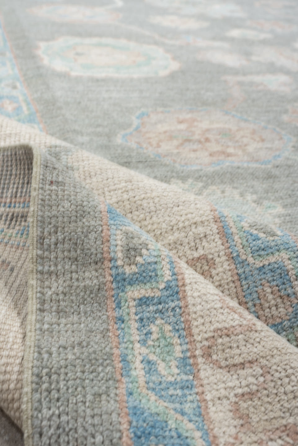 8' x 10' one-of-a-kind handmade vintage Oushak large size rug. Color palette: gray, ivory, pale aqua, taupe, blush, beige