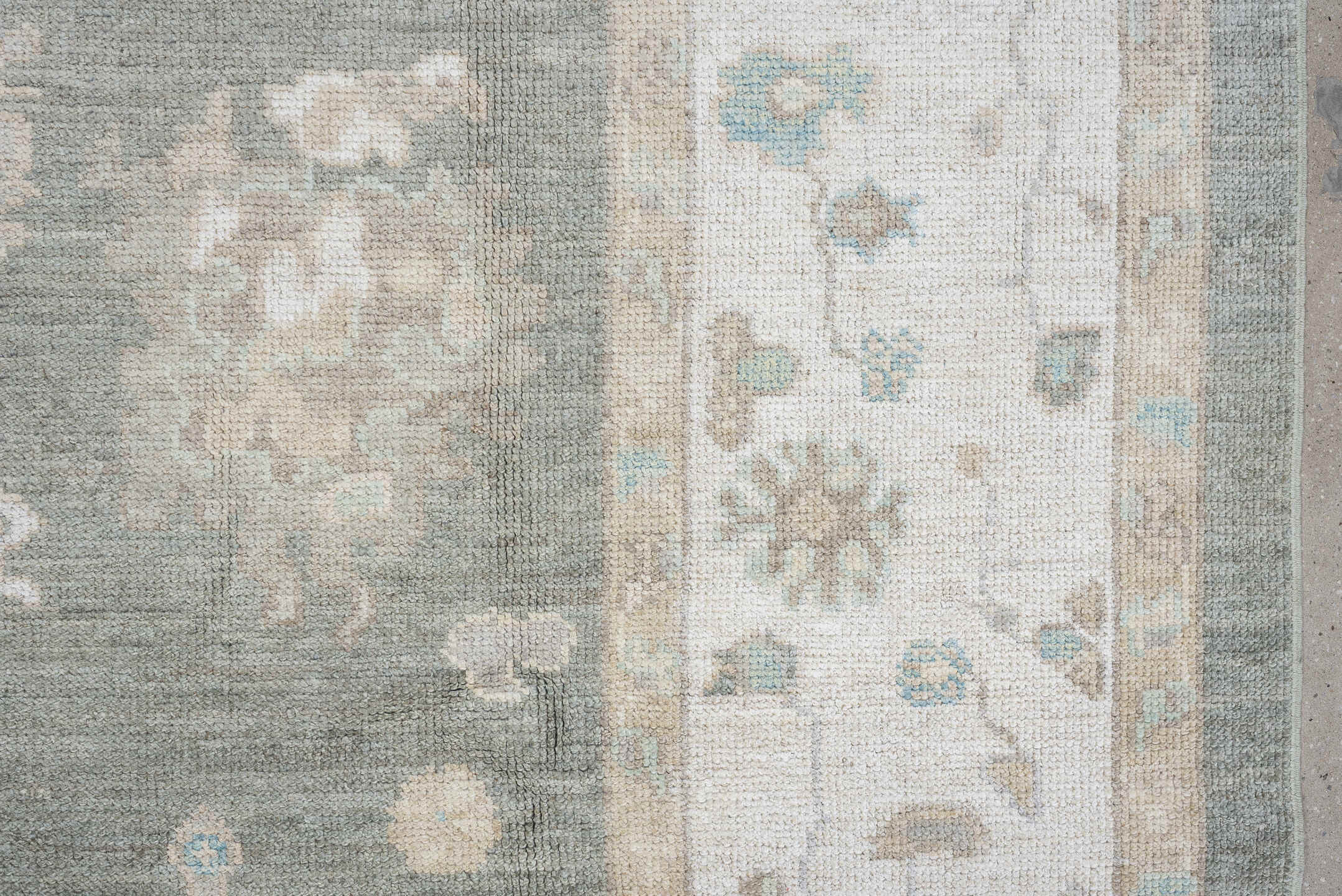 7' x 10' one-of-a-kind handmade vintage Oushak large size rug. Color palette: gray, ivory, sky blue, taupe, beige, cream