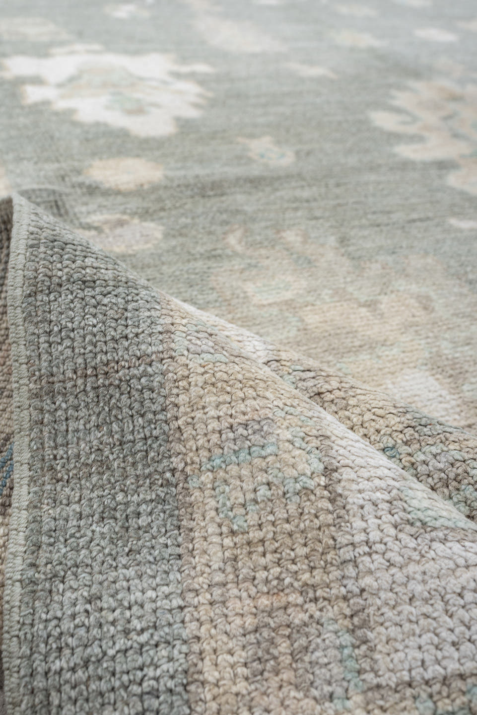 7' x 10' one-of-a-kind handmade vintage Oushak large size rug. Color palette: gray, ivory, sky blue, taupe, beige, cream