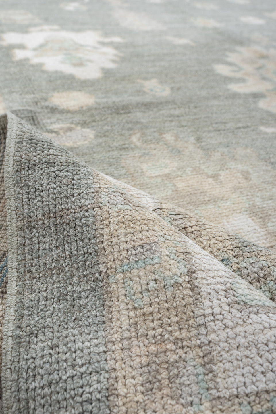 7' x 10' one-of-a-kind handmade vintage Oushak large size rug. Color palette: gray, ivory, sky blue, taupe, beige, cream