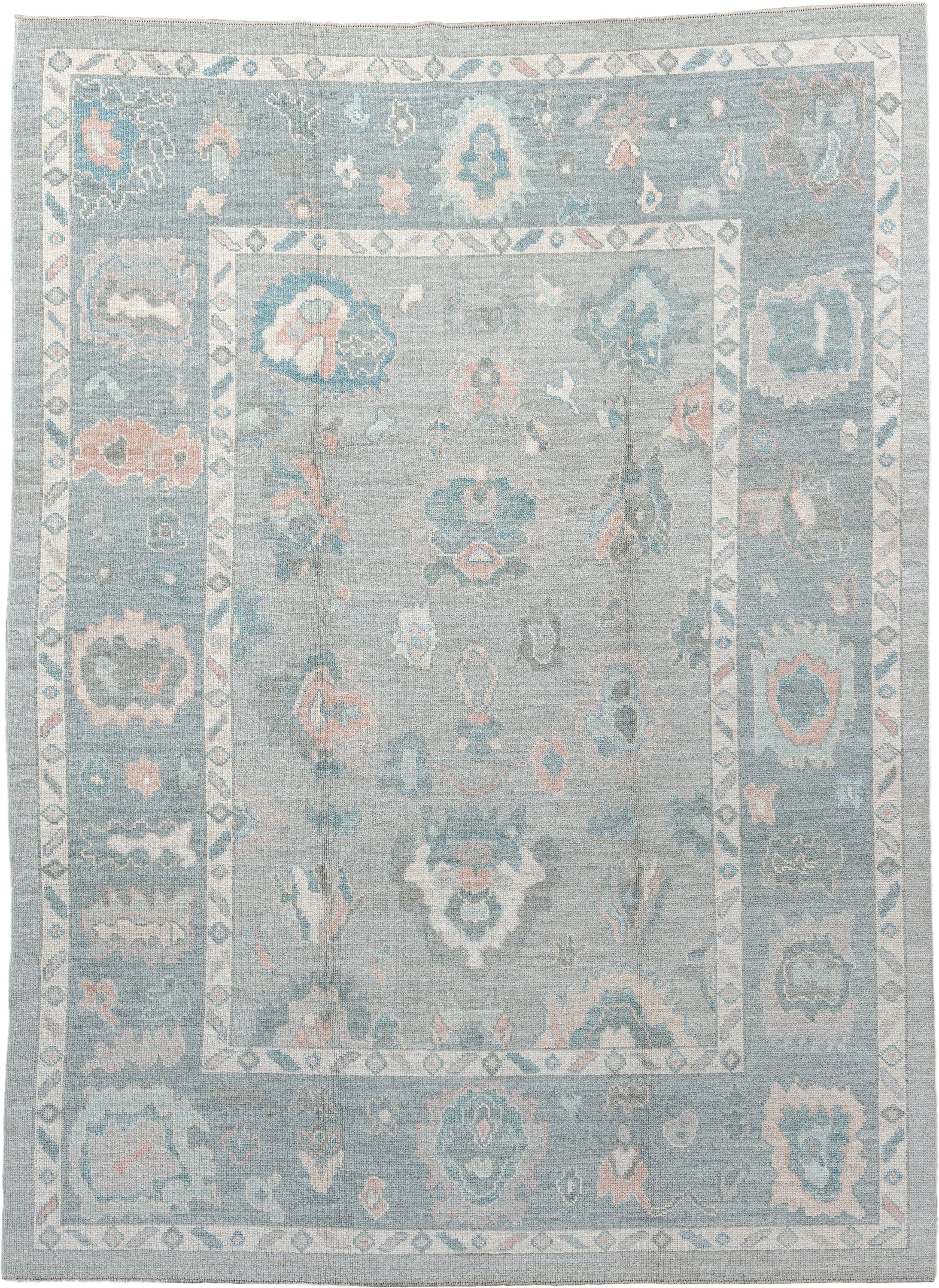 7' x 10' one-of-a-kind handmade vintage Oushak large size rug. Color palette: blue_gray, ivory, aqua, blush, taupe, sage