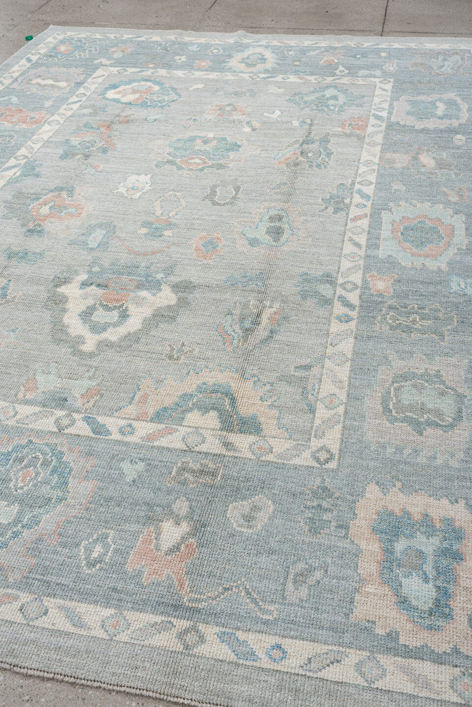 7' x 10' one-of-a-kind handmade vintage Oushak large size rug. Color palette: blue_gray, ivory, aqua, blush, taupe, sage
